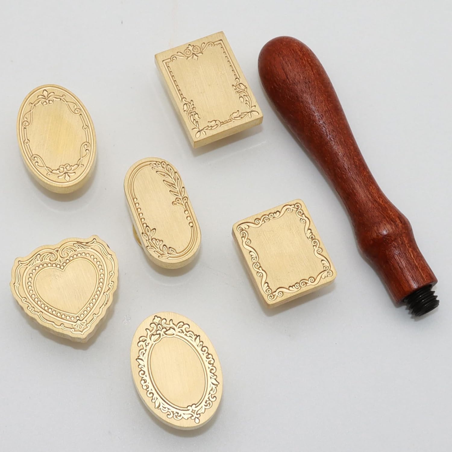 6-in-1 Vintage Embossed Frame Wax Seal Stamp Kit- Rectangle & Oval & Heart 3D Relief Photo Frame Seal Stamps with Wood Handle, Retro Sealing Wax Stamp for Wedding Invitations, Letters