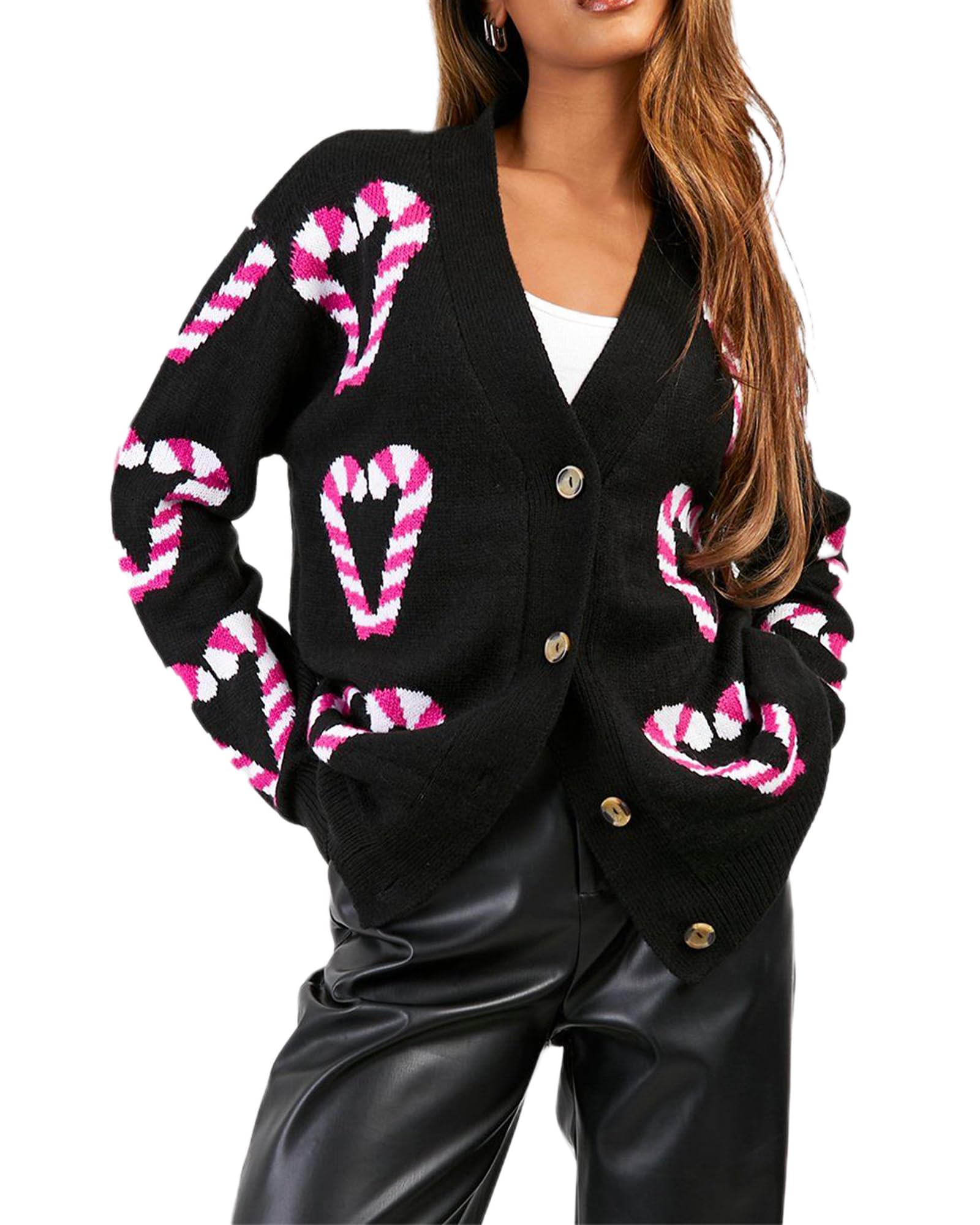 Women Christmas Knit Cardigan Gingerbread Candy Cane Graphic Button Down Sweater Loose Open Front Knitted Outerwear