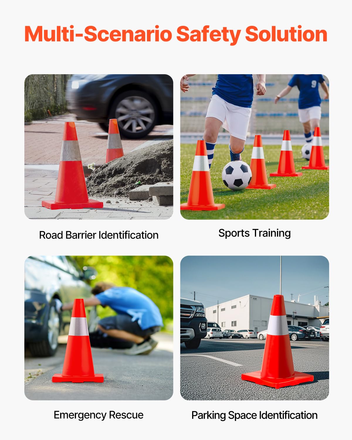 VEVOR Cono de Tráfico 12 Piezas 45,7 cm Pedestal de Obra de PVC Cono de Seguridad con Base Pesada y Collar Reflectante para Demarcación de Estacionamiento de Emergencia en Estacionamiento Carretera