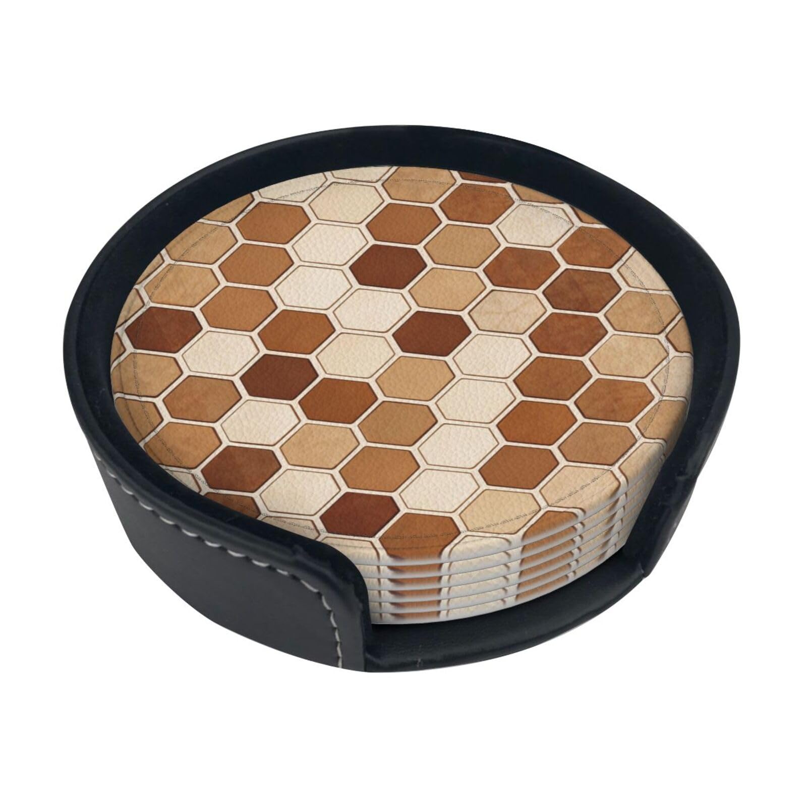 Cntdbu White Python Scale Geo Leather Coasters Set Of 6-Pu Leather Drink Mats For Table, Heat Resistant Round Coasters With Holder