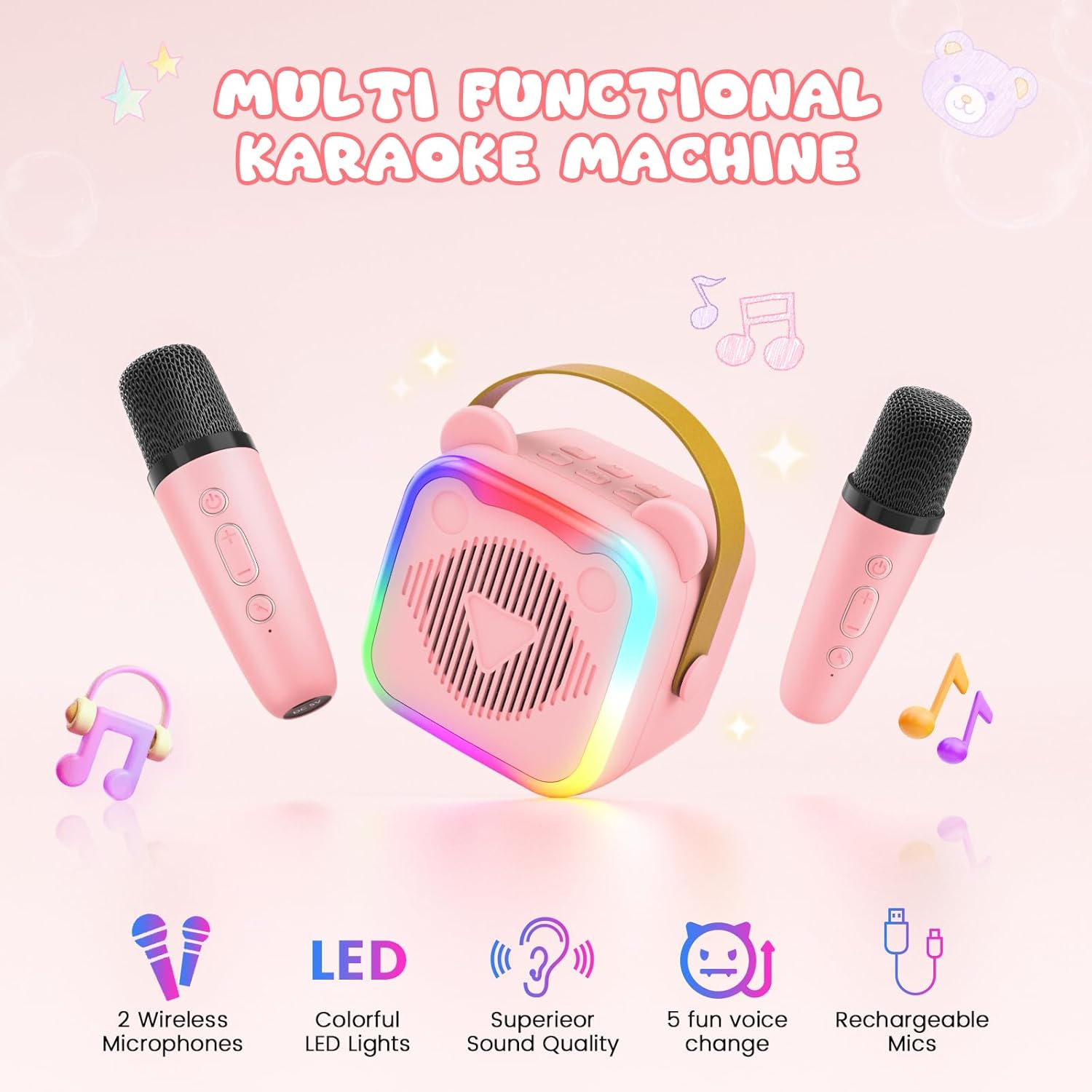 Mini Karaoke Machine for Kids,Portable Bluetooth Speaker with 2 Microphones,Music Player for Singing and Party,Ideas Birthday Toys Gifts for Girls Boys 3,4,5,6,7,8,9,10,11,12+ Years Old (Pink) - Image 4