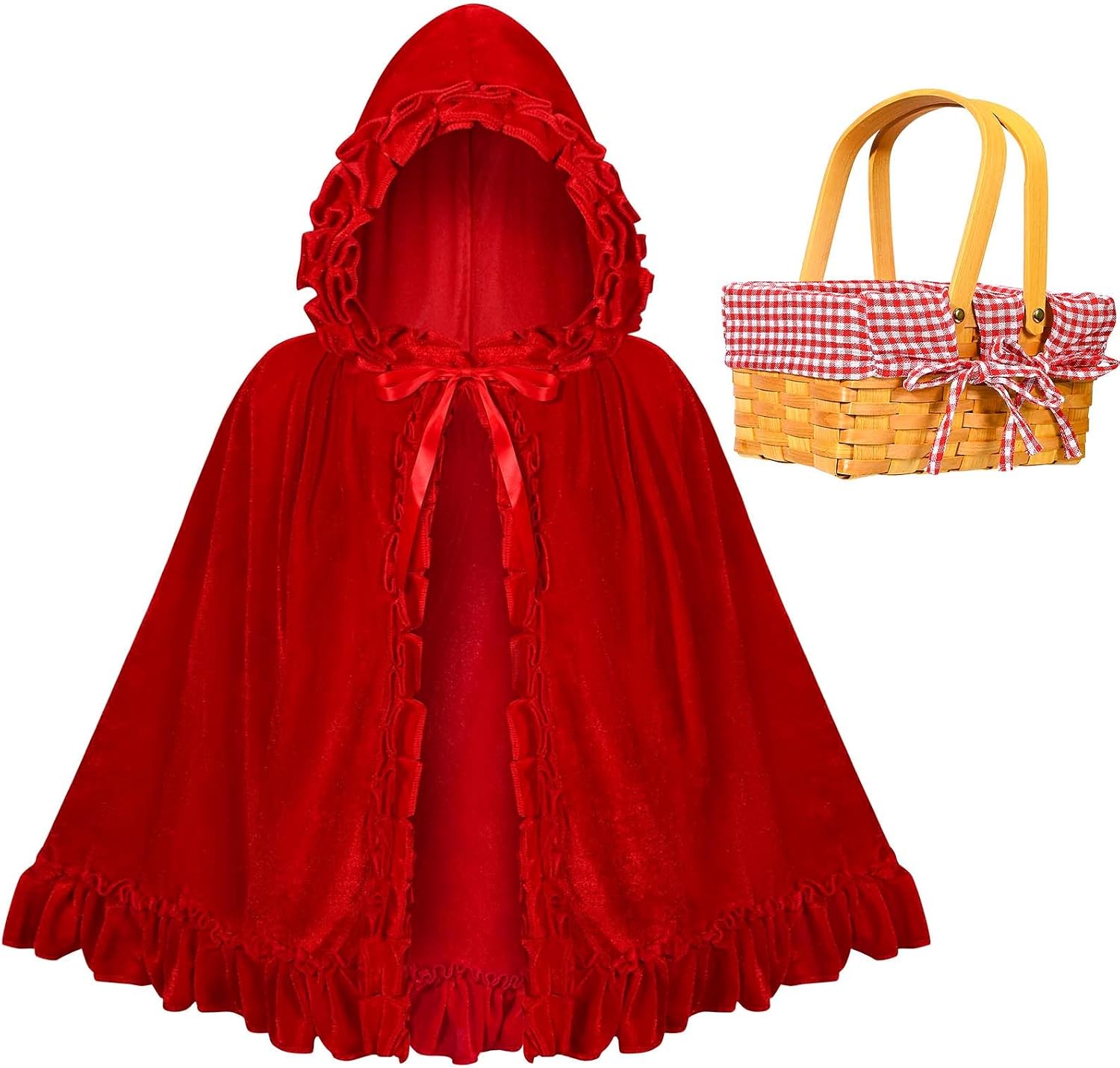 Halloween Costume Set Include Red Hood Cape and Wood Picnic Basket for Women Halloween Party Cosplay