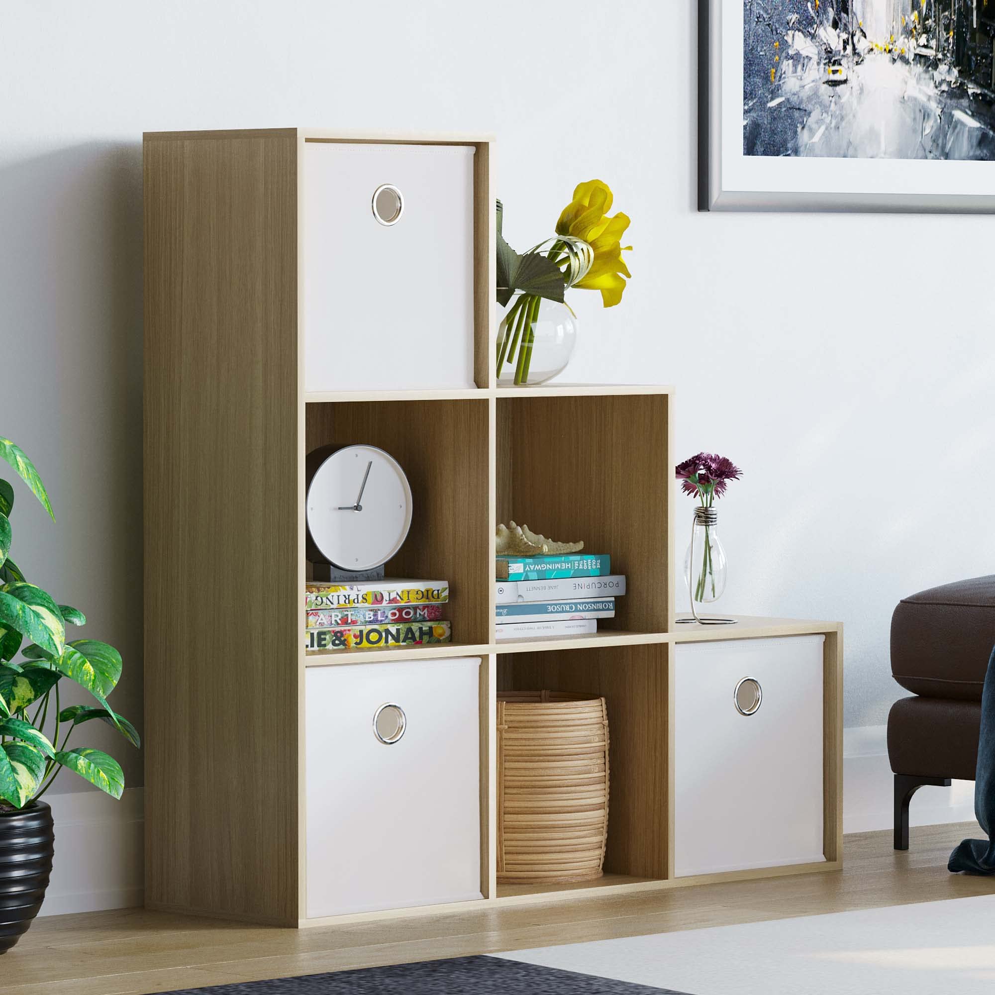 Vida Designs Durham Staircase Bookcase Shelves Storage Organiser Living Room Furniture (6 Cube & 3 White Baskets, Oak) โ image 1