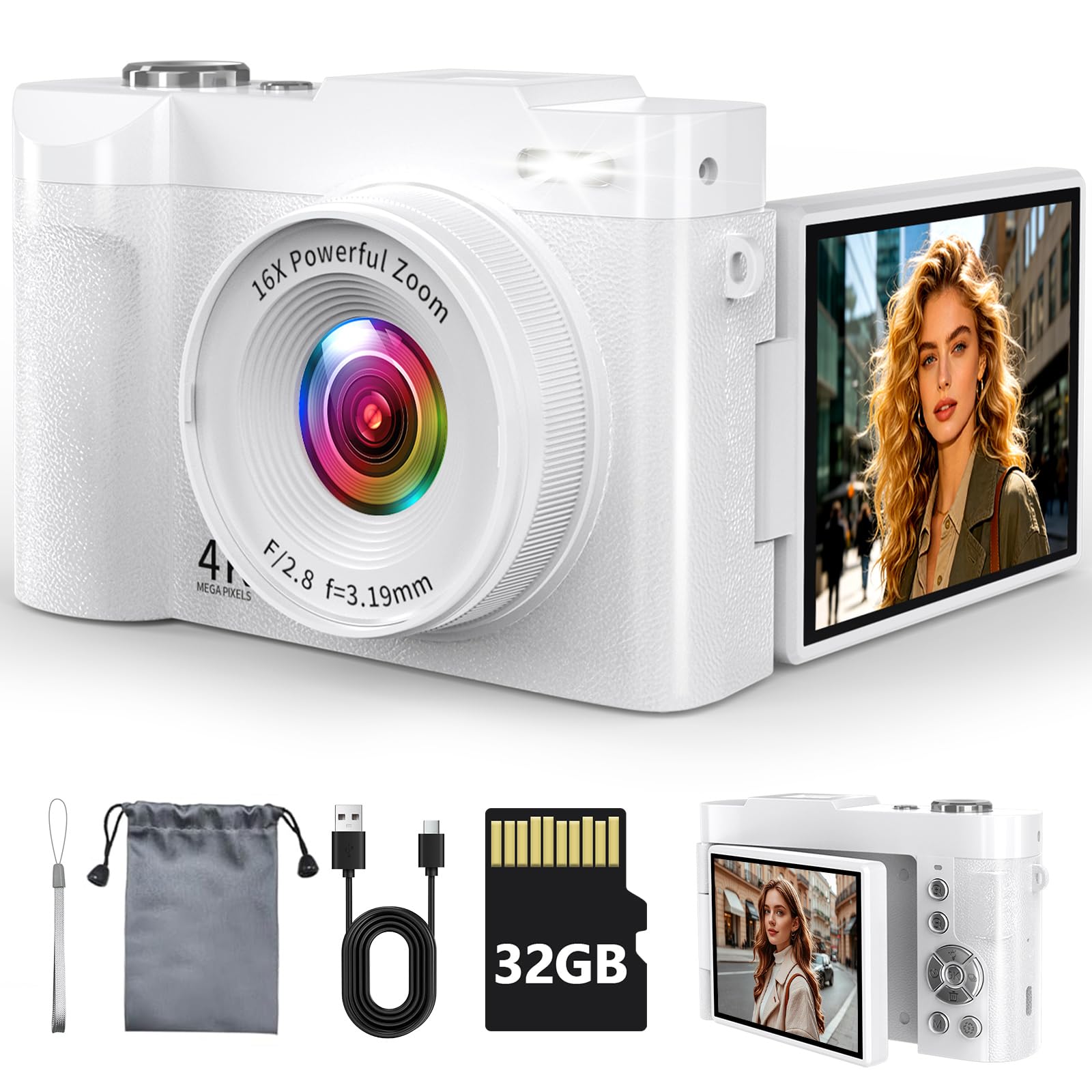 4K Digital Camera for Photography, 50MP Autofocus Point and Shoot Camera with 180° Flip Screen, 16X Zoom Compact Vlogging Camera for YouTube, Travel Camera with 32GB SD Card, White-picture-14