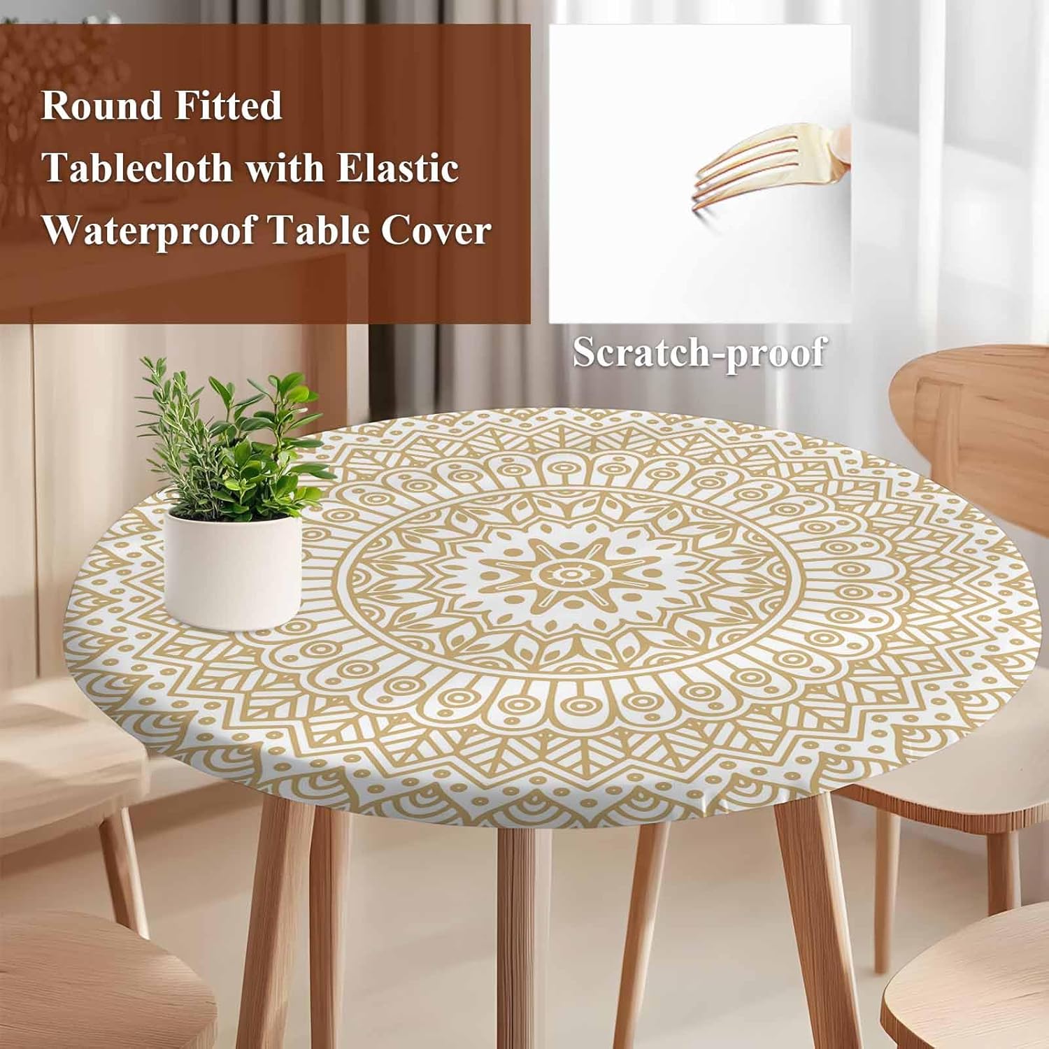 SEVENBABU Round Table Cover 55-60 Inch, Waterproof Reusable Table Cloth Round Fitted Vinyl Tablecloth with Elastic Edged for Parties Outdoors, Mandala Pattern