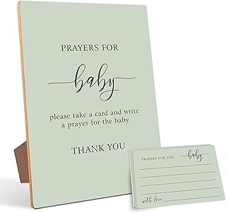 Prayers for Baby Cards for Baby Shower,Baby Shower Games,Baby Shower Decorations,Baby Shower Signs,Gender Reveal Decorations,1 Wooden Play Sign with Stand & 50 Prayer Cards Set（Green12）