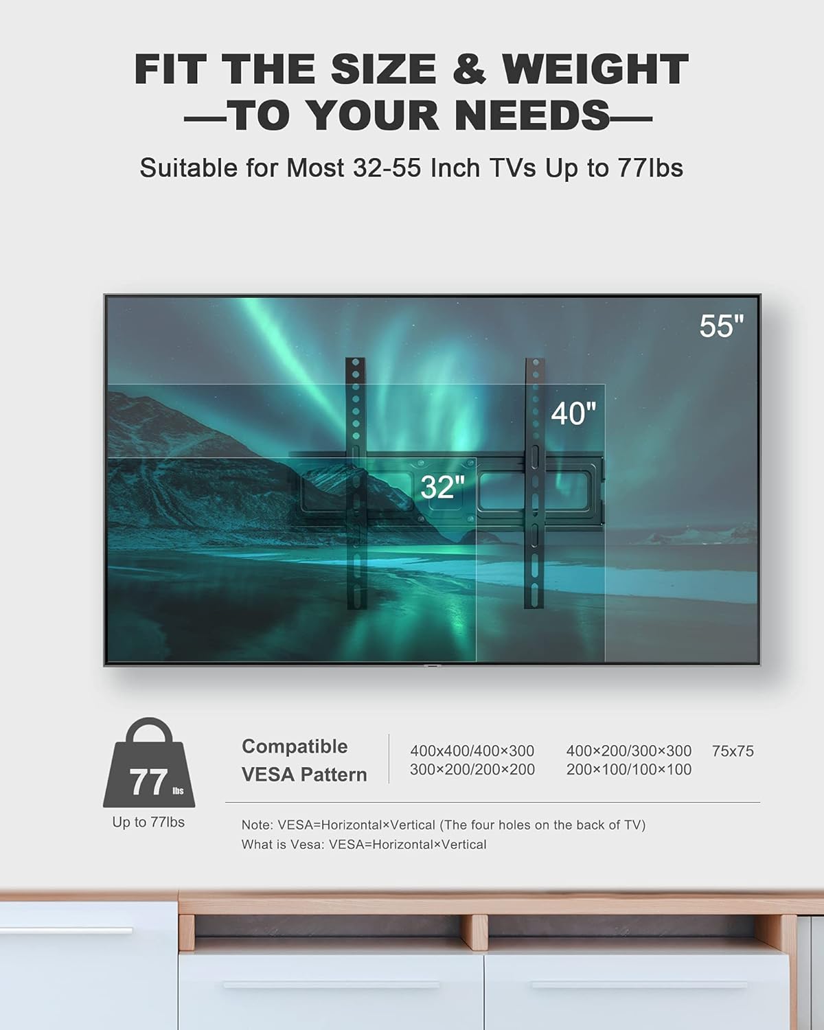 Full Motion TV Wall Mount, Heavy Duty Single Articulating Arms TV Bracket for Most 32-55 Inch Flat Curved TVs, Up to VESA 400x400mm and 77lbs, Support Swivel, Tilt, Level Adjustment