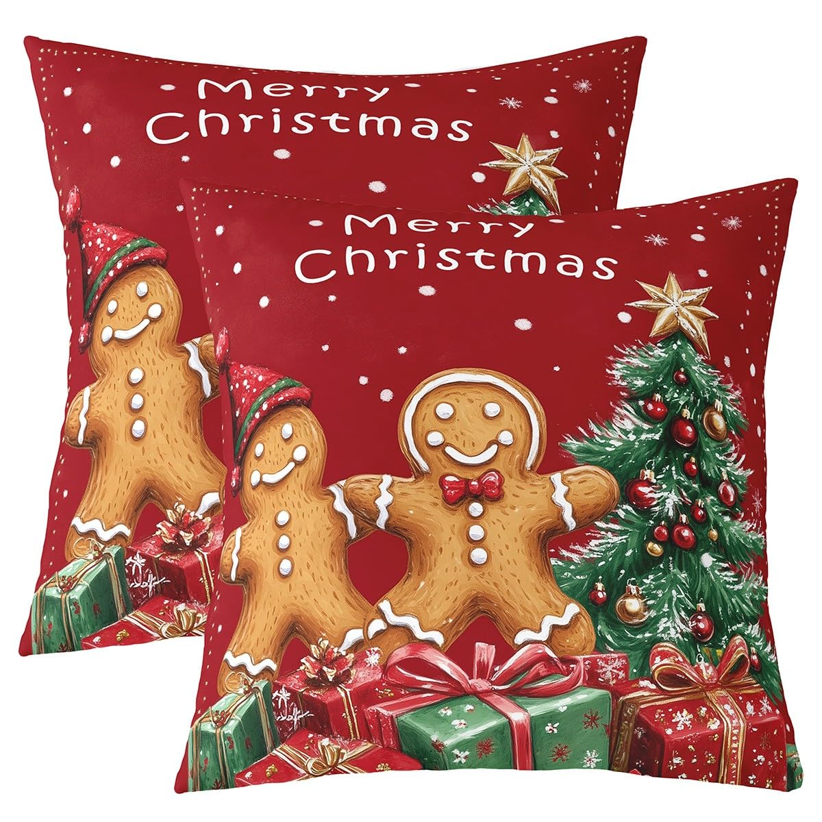 Homemissing Christmas Square Cushion Covers Set of 2 60x60cm Gingerbread Man Reversible Throw Pillow Covers Chriatmas Tree and Gifts Pillow Covers Home Decor Snowflake Scarlet Red