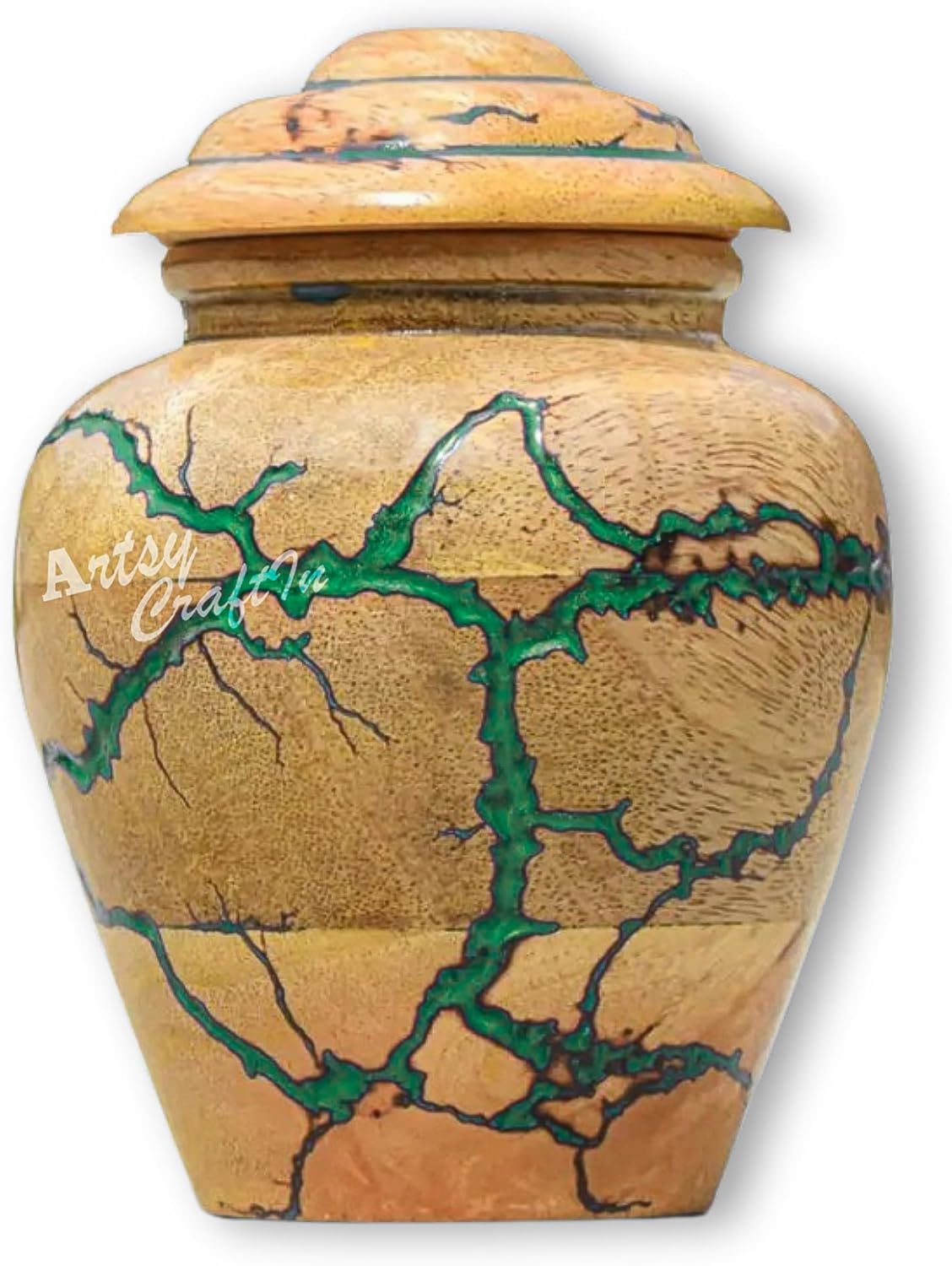 Wooden urn for Small Portion of Ashes (Small Keepsake 20 Cu in Capacity) Urn for Man and Women Burial and Funeral Urn Handcrafted | Unique Fractal Burning Design (Green, Small Keepsake 20 Cu)