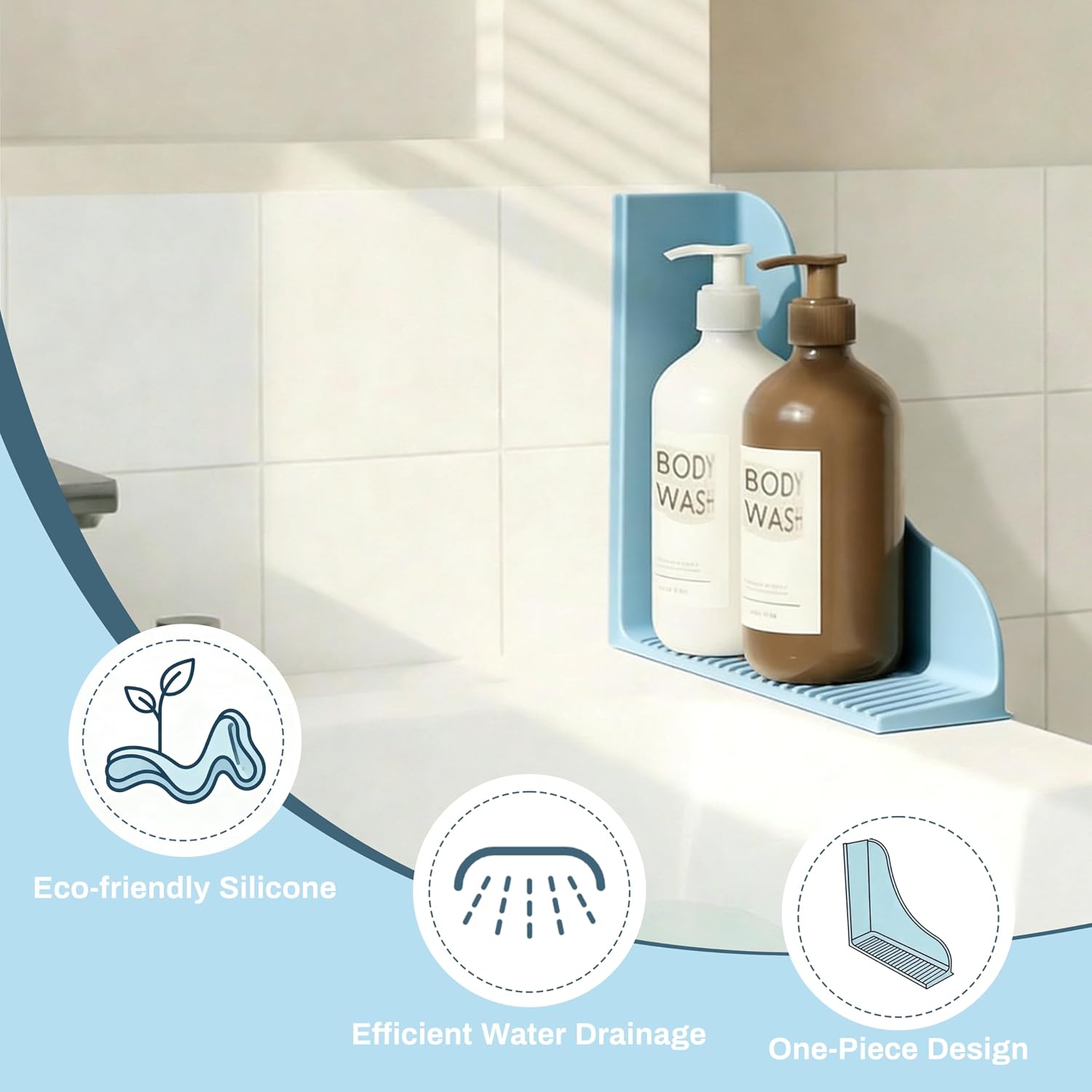 No-Adhesive 2-Pack All-Silicone Shower Splash Guard with Strong Suction Cups, Reusable One-Piece Bath Tub Corner Water Blocker for Secure Seal&Easy Removal，Keep Water in Shower or Bath, Baby Blue image 3