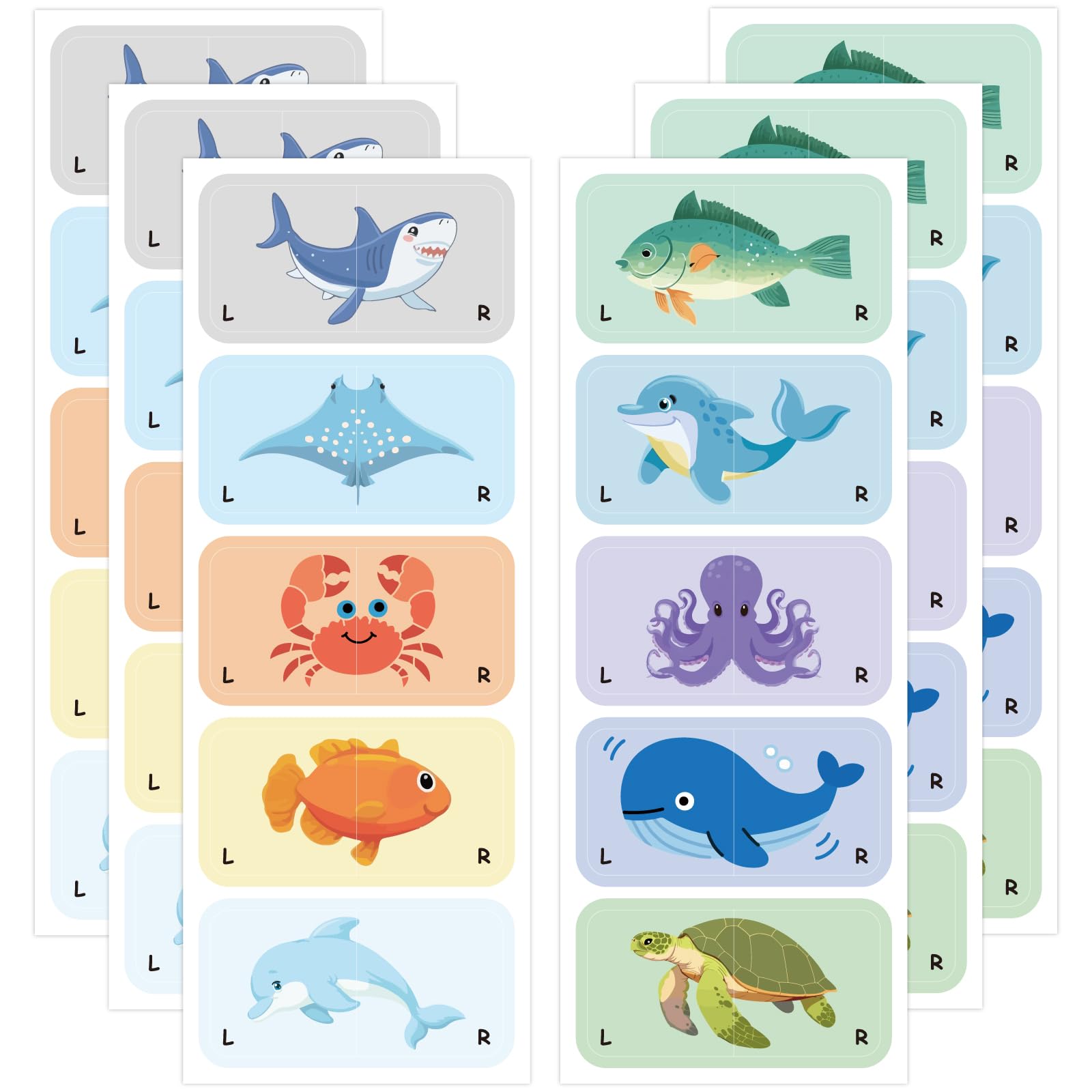 CRASPIRE 60Pcs Shoe Stickers for Learning Left Right 3x1.5In Cute Self Adhesion Sea Animals Fish Labels Cartoon Sole Decal Waterproof PVC Protective Film for Birthday Party Gift Help Put Shoes On