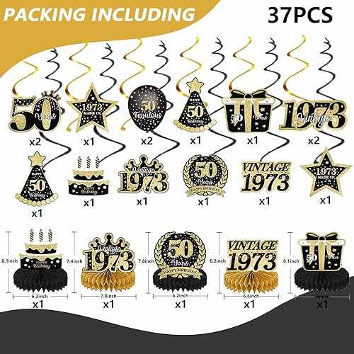 Miniatura 3 de Decoraciones de fiesta de cumpleaños número 50 en negro y dorado para mujeres y hombres, saludos a los 50 años, pompones de papel, remolino