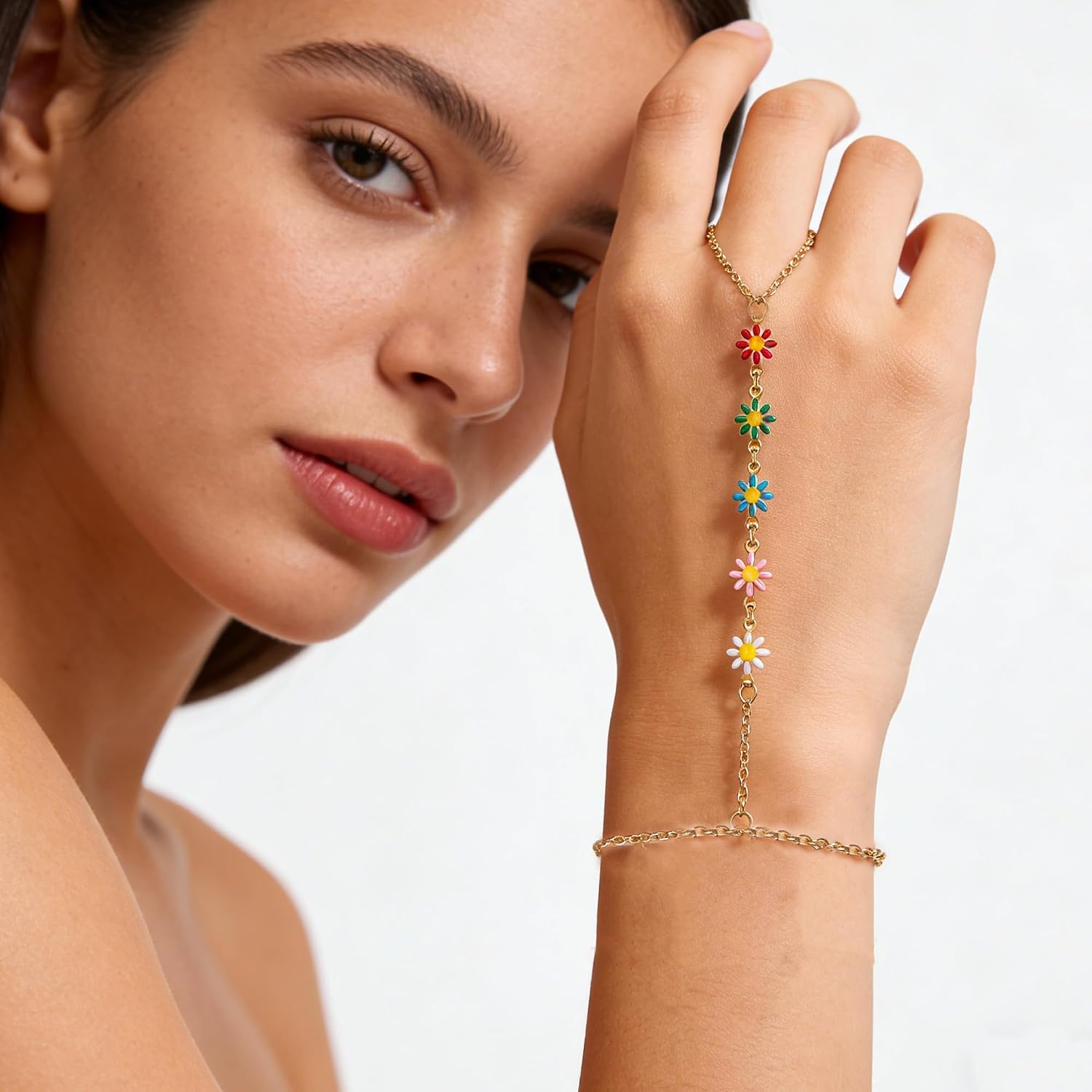 BROCC 6PCS Gold Hand Chain Bracelets for Women Stackable Bracelet with Ring | 14K Gold Plated, Adjustable Link Bracelets, Daily Party, Trendy Boho Jewelry Set
