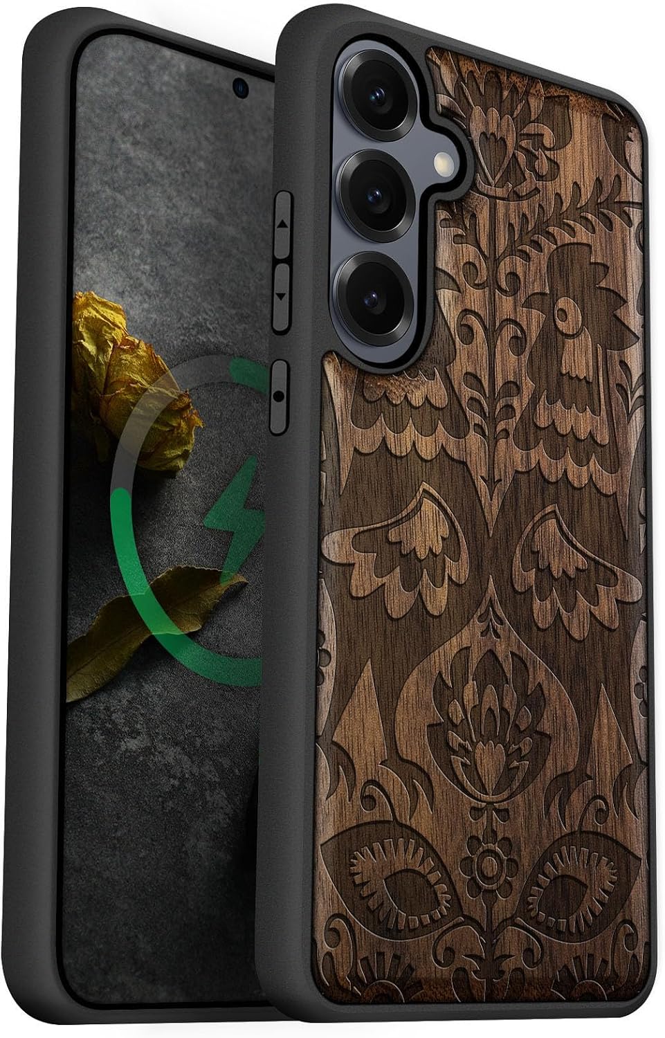 Carveit Magnetic Wooden Case for Galaxy S25+ Samsung S25 Plus Case, TPU Shockproof Cover & Wood Engraved, Compatible with MagSafe Wireless Chargers (Wolf Head) Rosy