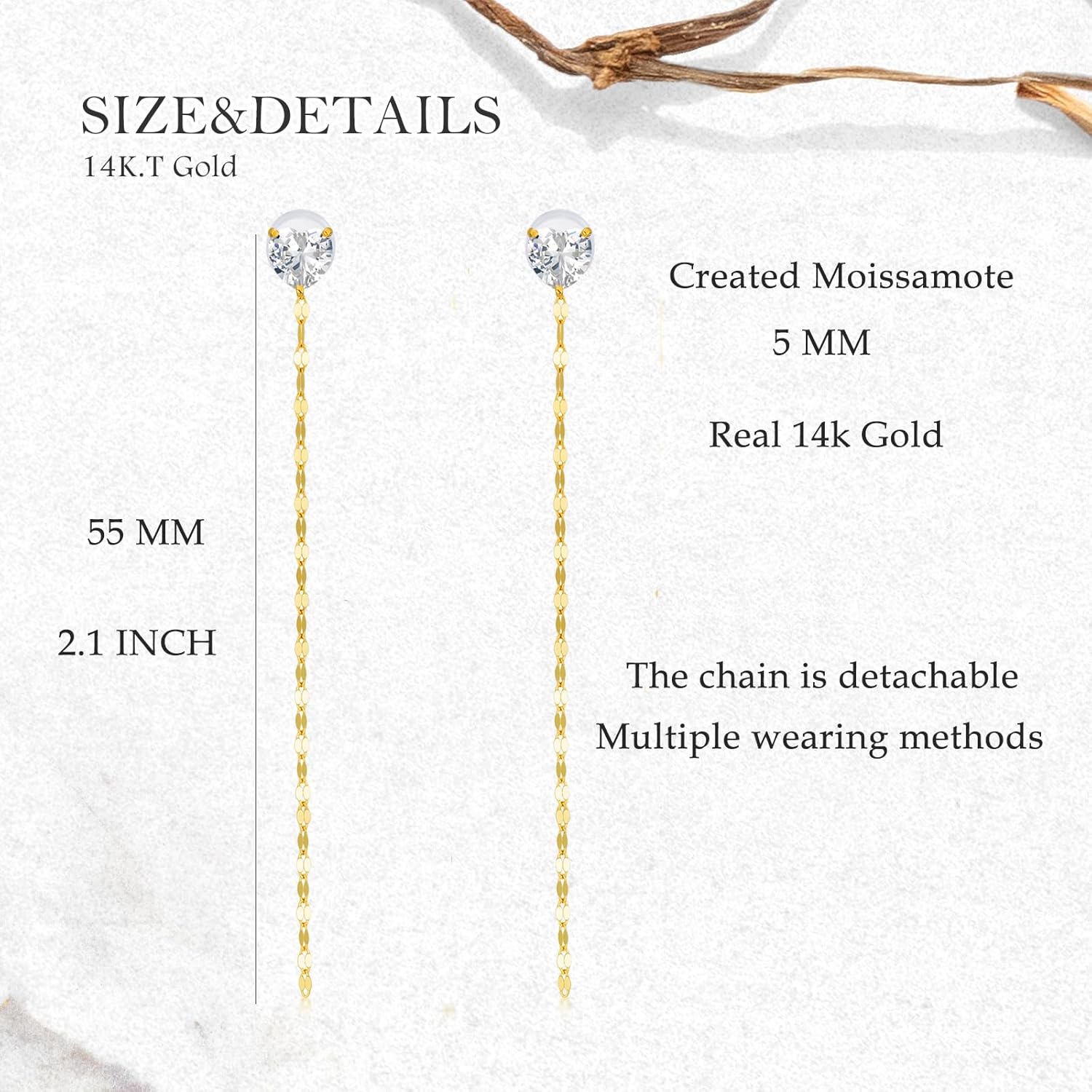 14k Gold Created Moissanite Heart Stud Drop Earrings for Women, 14kt Gold Dangling Chain Love Jewelry Gifts for Her - Image 4