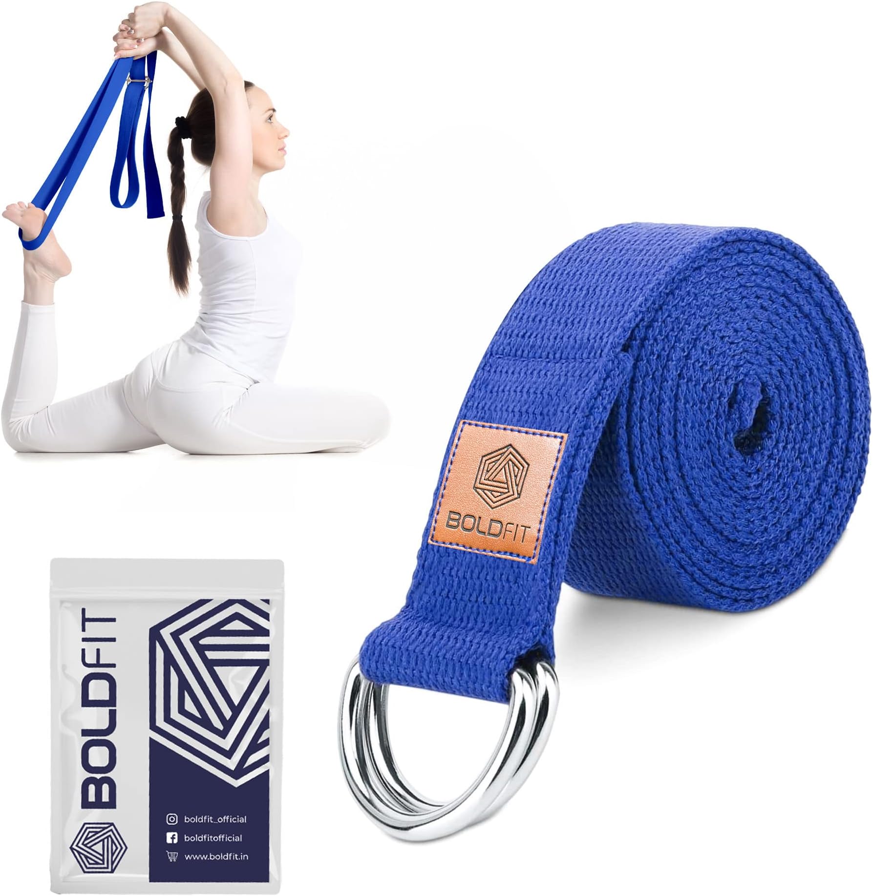 Boldfit Yoga Belt for Women and Men - Yoga Strap for Stretching with Extra Safe Adjustable D-Ring Buckle - Durable and Comfy Texture - Perfect for Your Yoga Session - 6 Feet, Blue