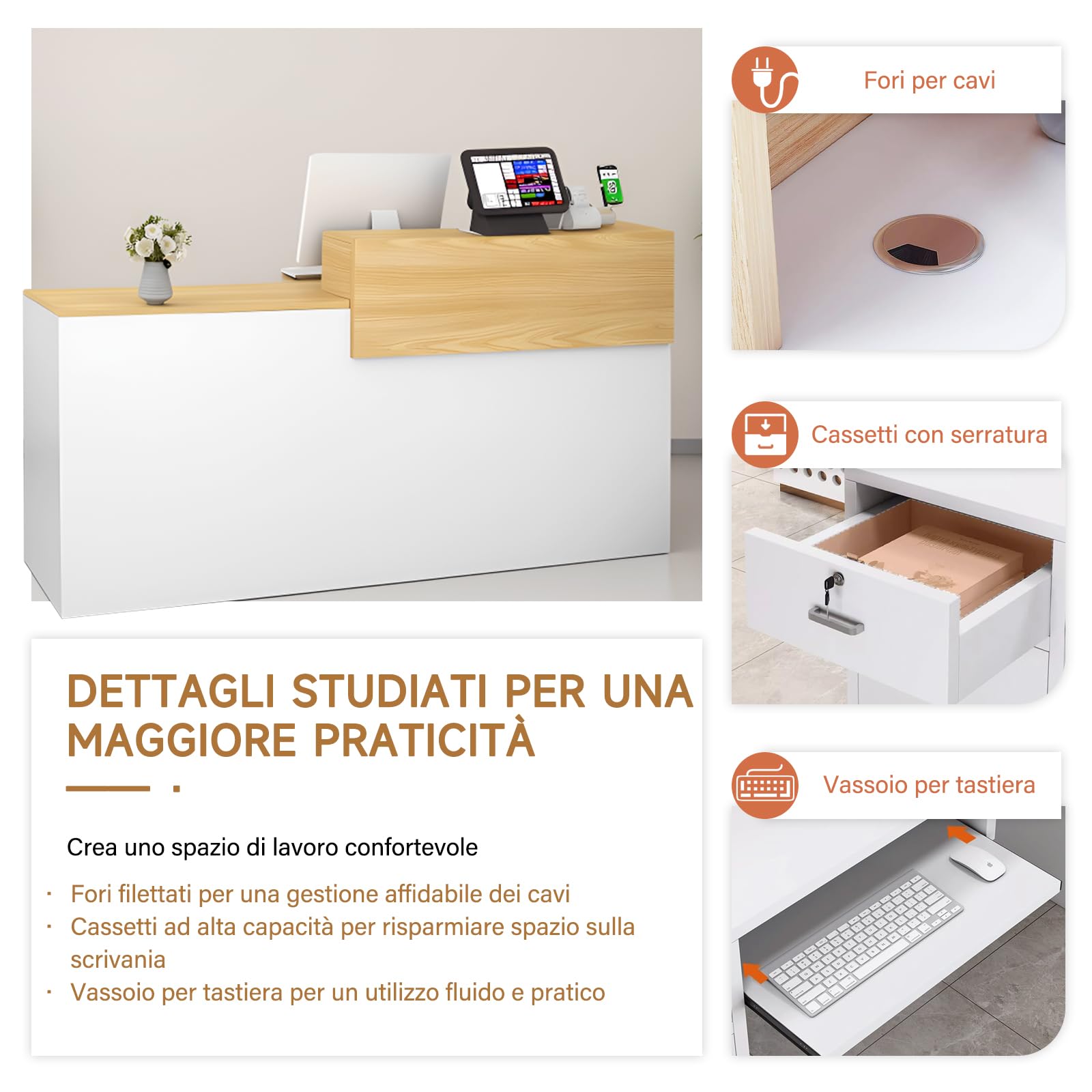 Bancone Reception con Cassetto e Ripiani Aperti, 100–240 cm Banco Reception Moderno per Uffici, adatto per Saloni, Hall e Negozi al Dettaglio