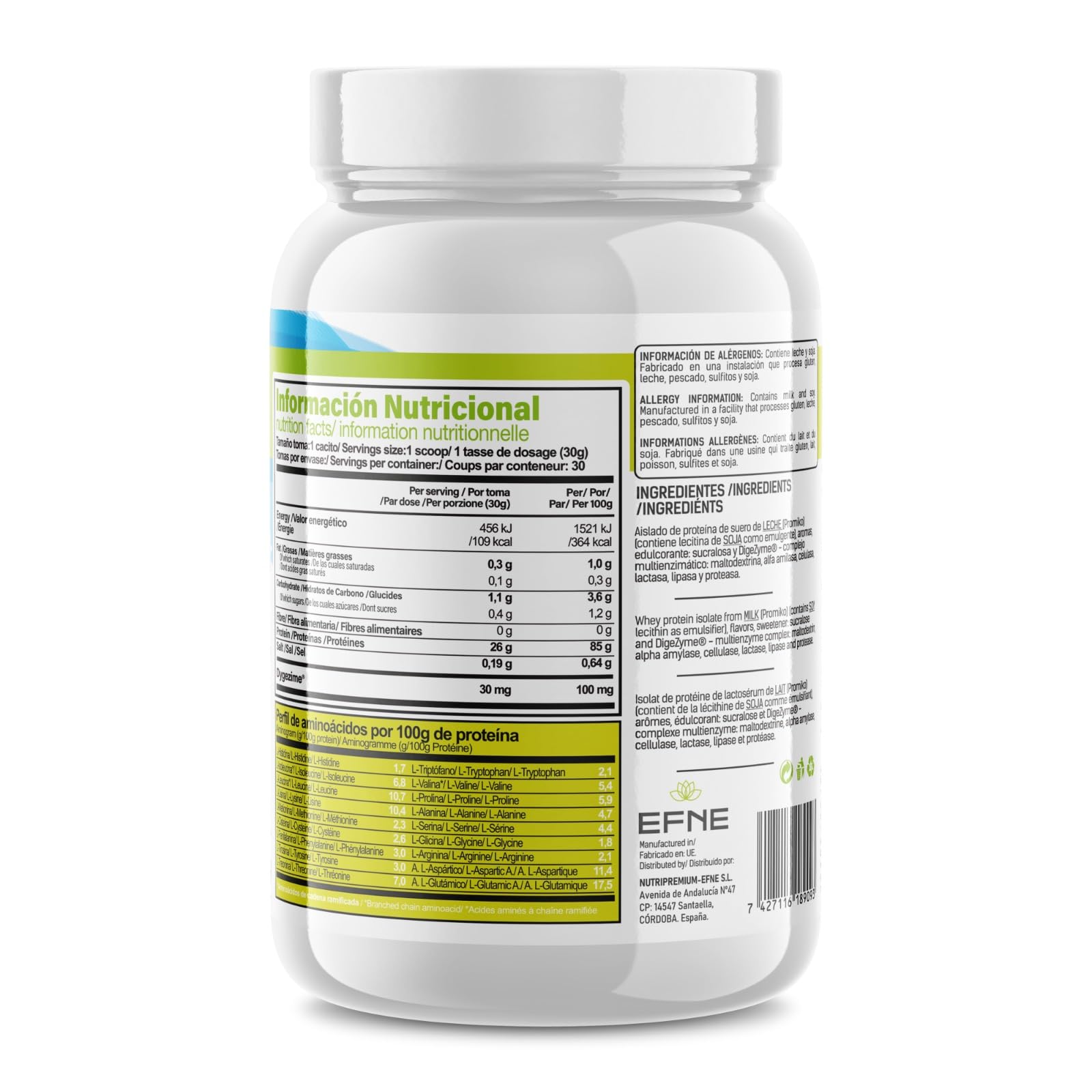 EFNE Isolate CFM Whey Proteína Neutra 900 g | Proteína Aislada de Suero de Leche CFM con DigeZyme® | 89% Proteína | Sin Azúcar Añadido | Glanbia Promiko® | Preparado Alimenticio