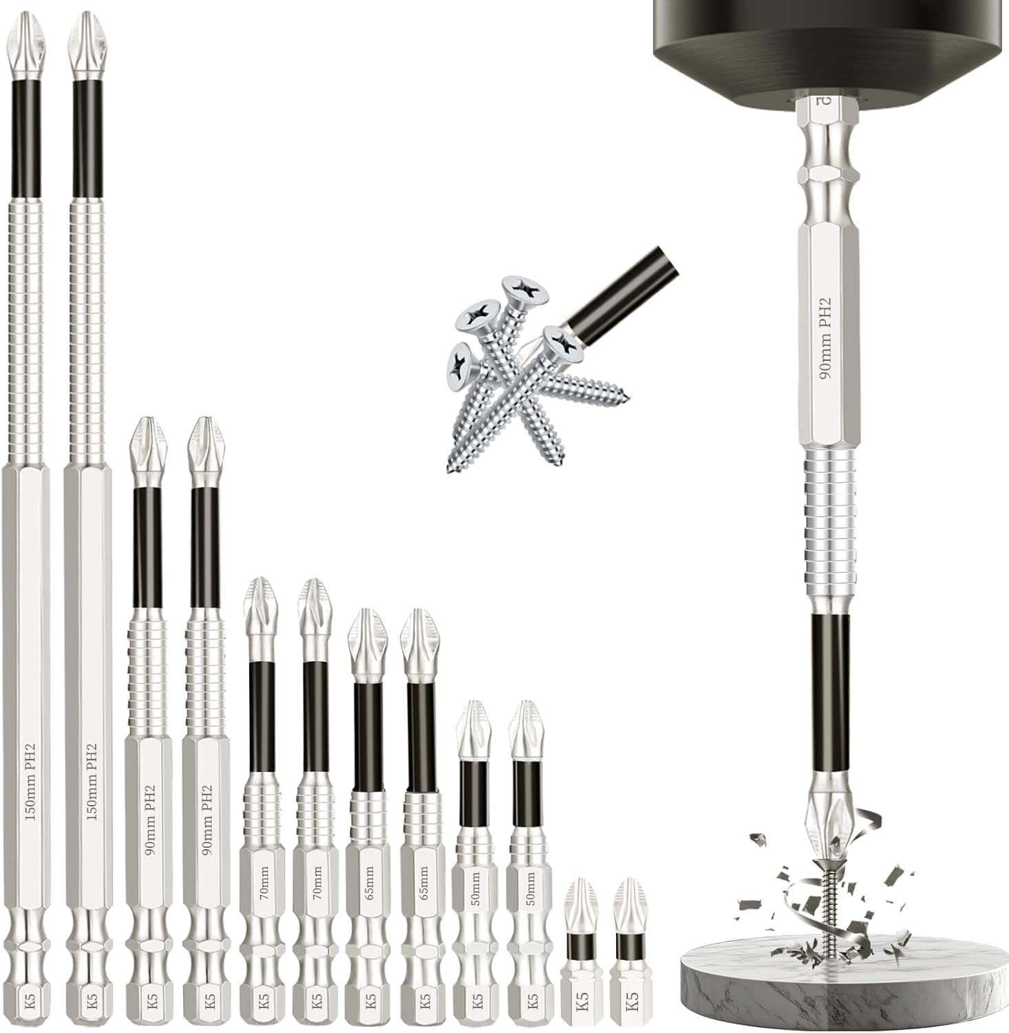 12pcs High Magnetic Screwdriver Drill Bit Set，Magnetic Drill Bit Set，k5 Impact Resistant Non Slip Bit，Upgrade Fixion Tools Drill Bits-25 50 65 70 90 150mm