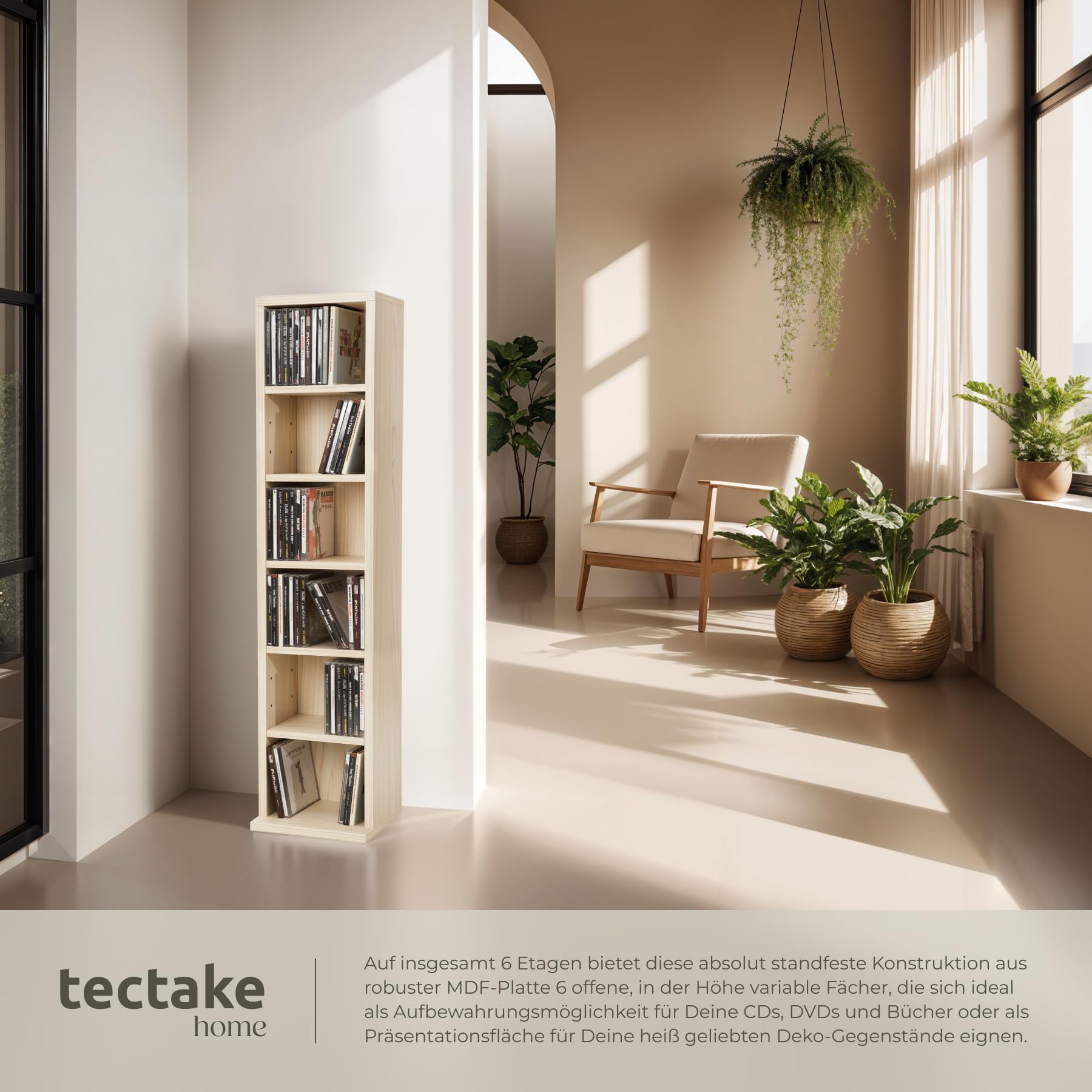 tectake® CD Regal für bis zu 102 CDs - Aufbewahrung für CD Hüllen, DVD Ständer, Holzregal Wand, Wohnzimmerschrank, Büroschrank, Offenes Stauraumregal - Buche