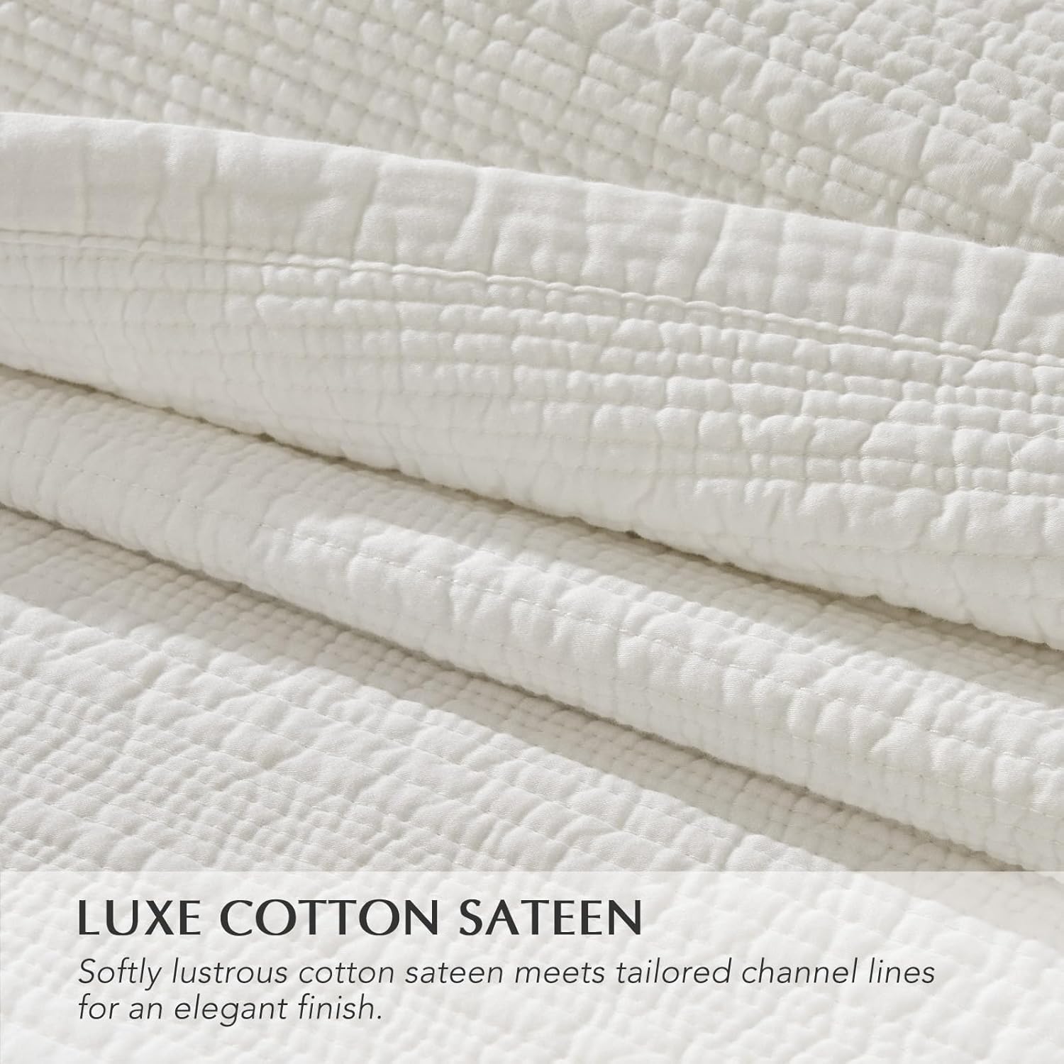 EVERGRACEHOME Channel Stitch 100% Cotton Quilt Set Queen Size, Pre-Washed Cotton Sateen Coverlet Bedspread, 3-Piece Soft & Breathable Bedding Set with 2 Shams for All Seasons, Bright White | Refined Channel, Luxe Cotton Sateen, Pre Washed, 100% Cotton, Oeko-Tex Certified, Lightweight