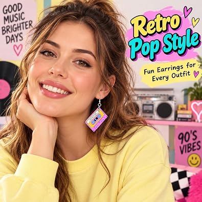 レトロ90年代カセットテープイヤリング レディース ピンク アクリル 90年代服, Medium, アクリル, ジェムストーンなし