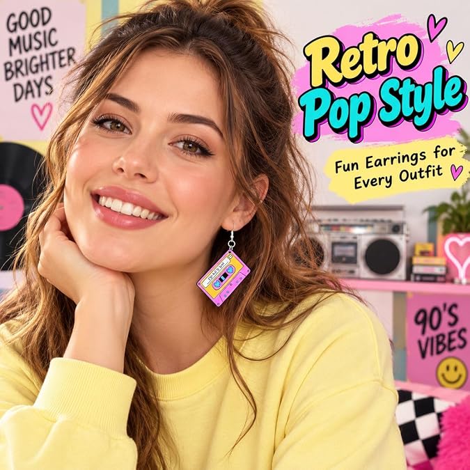 レトロ90年代カセットテープイヤリング レディース ピンク アクリル 90年代服, Medium, アクリル, ジェムストーンなし