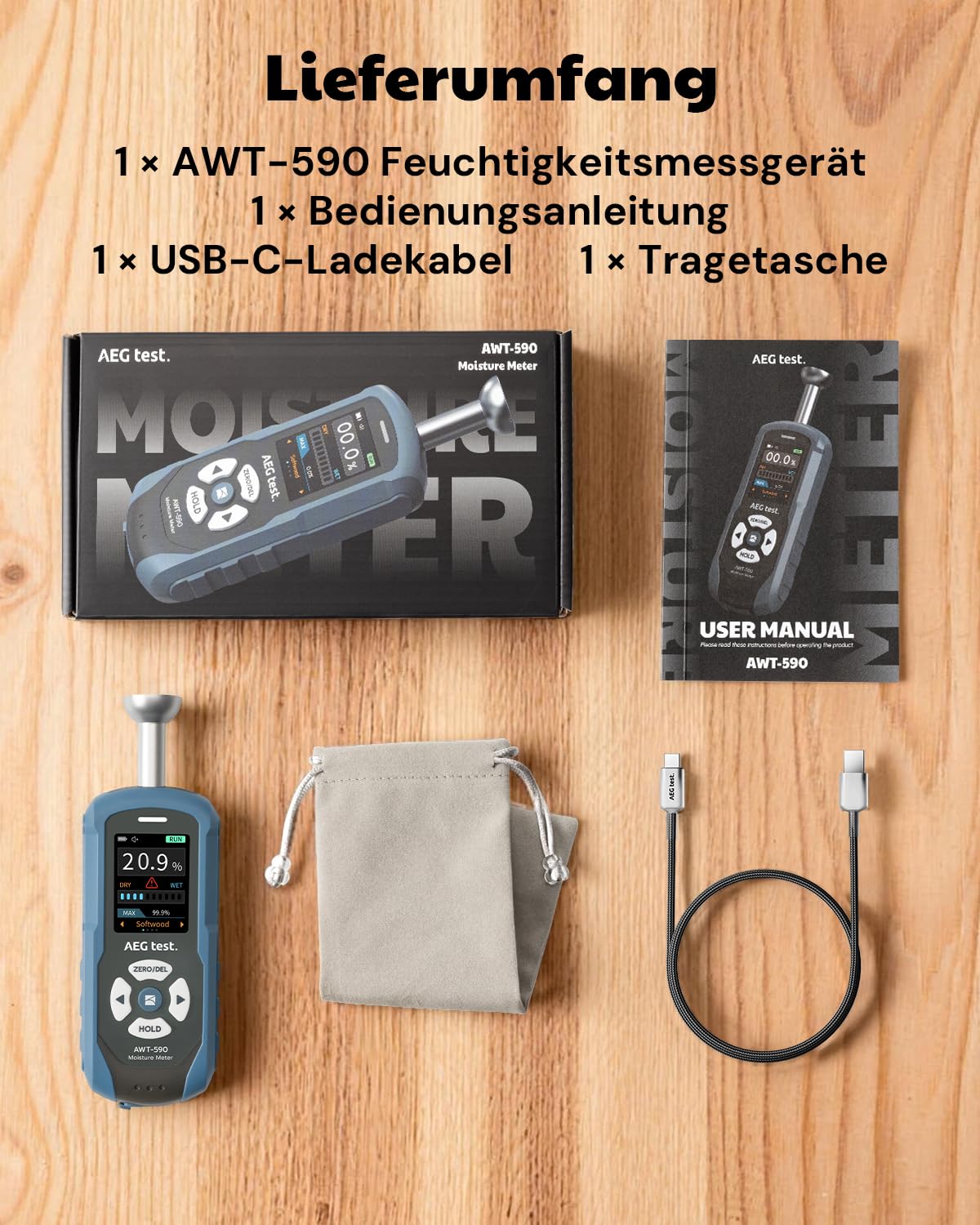 AWT-590 wiederaufladbares Feuchtemessgerät Mauerwerk, Feuchtigkeitsmessgerät Wand, Halbkugel Feuchtigkeitsmesser für Holz, Gipskarton und Ziegel, mit einstellbarem Alarm und Datenaufzeichnung