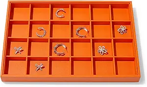 Leather 24 Grids Earring Organizer Tray Jewelry Tray Ring Earrings Holder Jewelry Drawer Organizer Storage Display(Orange)