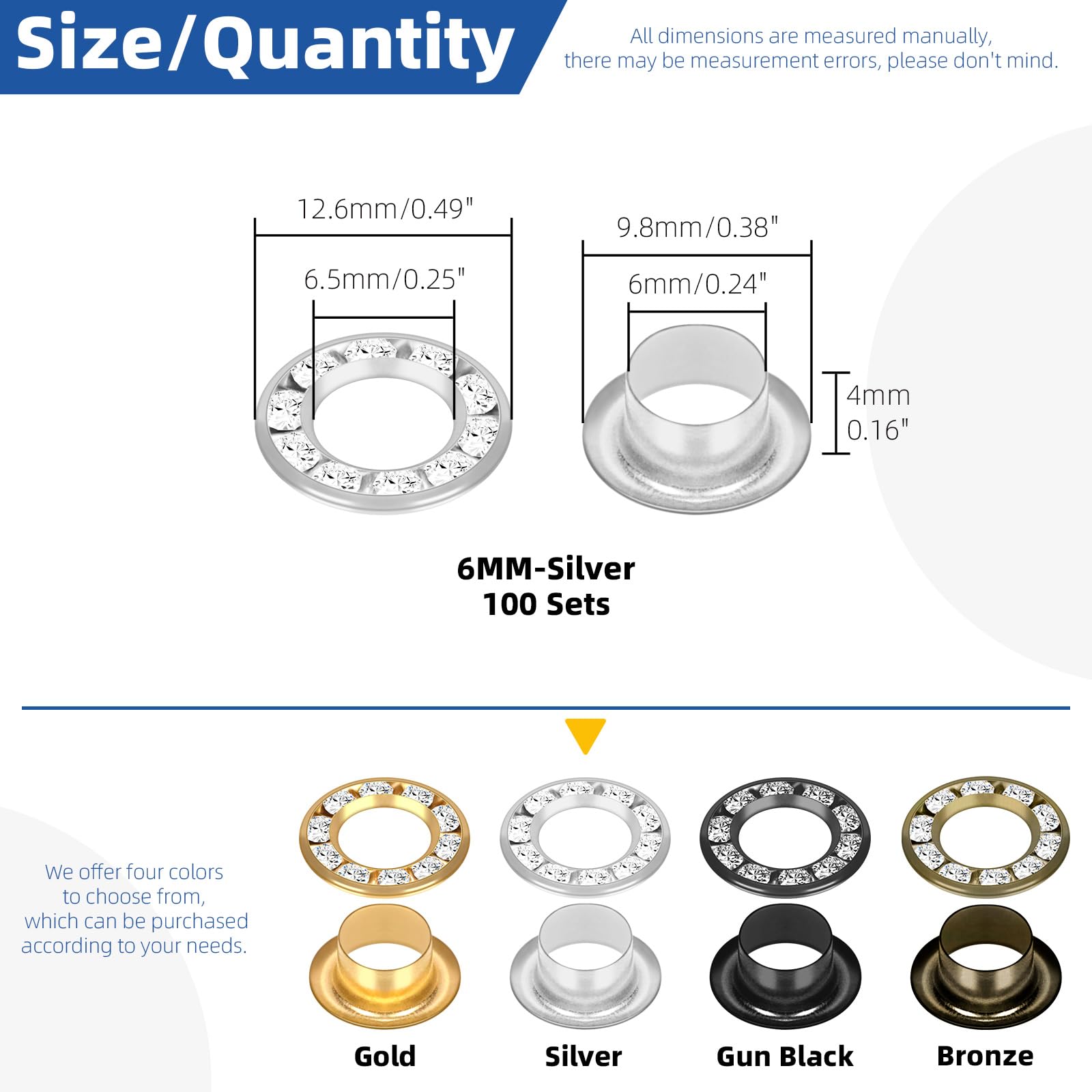 Glarks 100pcs 6mm Grommets Kit with White Diamond Washers Set, Silver Color Brass Grommets Eyelets - Image 2