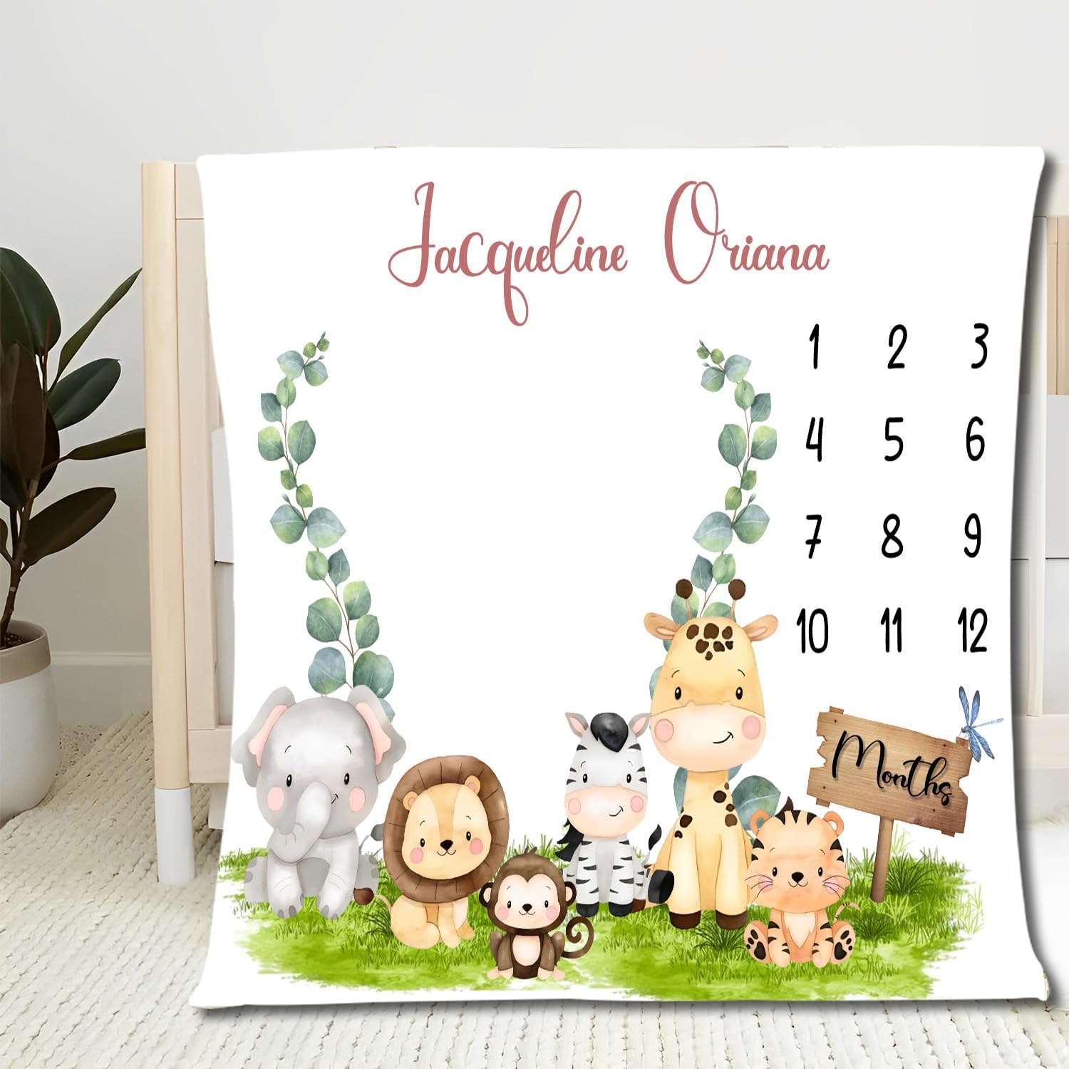 Baby Monthly Milestone Blanket, Baby Safari Monthly Milestone Blanket, Woodland Blanket for Baby Boy & Baby Girl, Nursery Bed Blanket, Newborn Essentials Baby Registry Must Haves