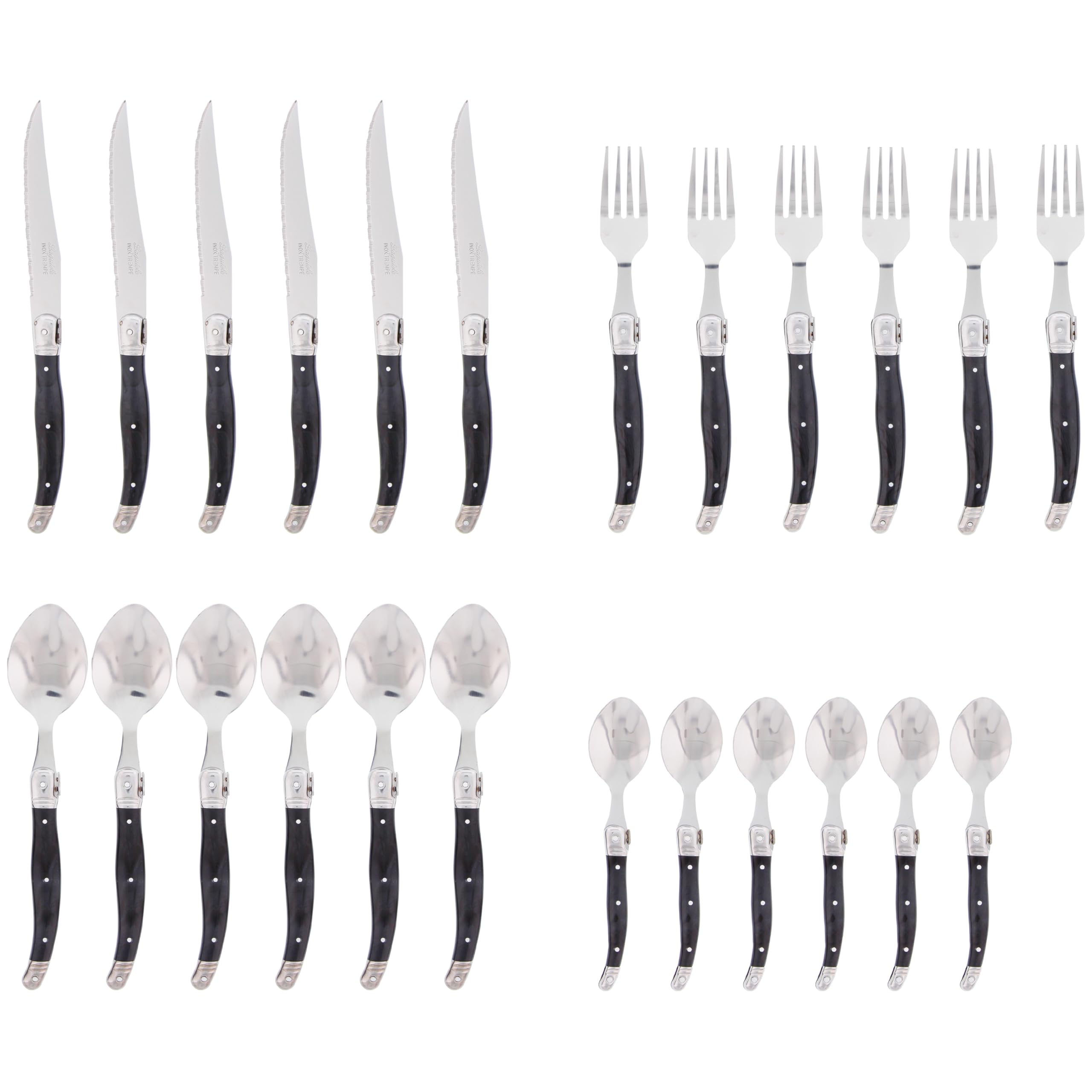 Pradel Excellence - I7214BIS - Ménagère Laguiole 24 pcs - 6 Couteaux, 6 Fourchettes, 6 Cuillères à Soupe, 6 Cuillères à Café - Lames Inox - Manches ABS Gris Effet Marbré - Coffret de Rangement
