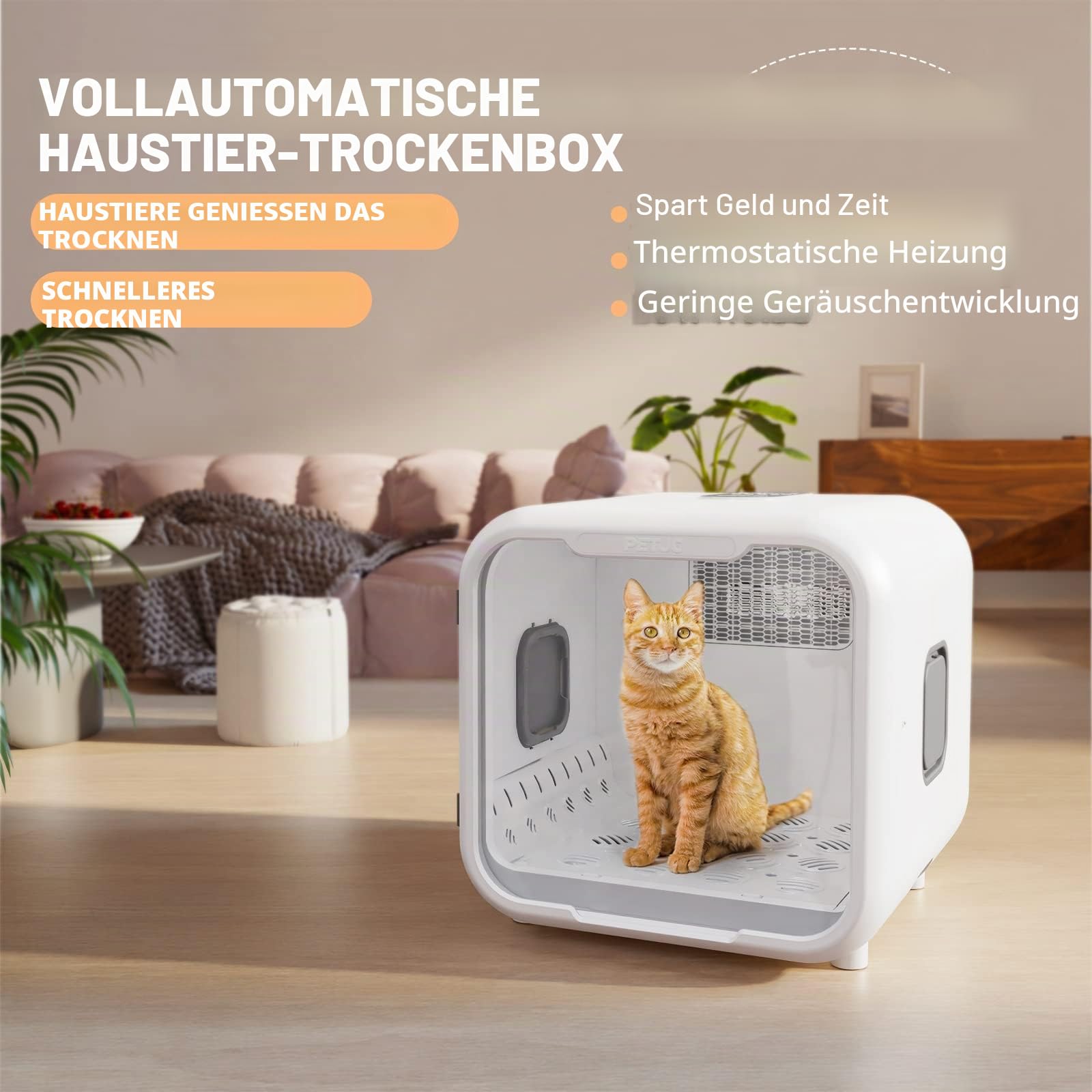 PETJC Automatischer Haustiertrockner für Katzen und kleine Hunde,Ultraleiser Hundefön für Hundepflege mit 360°-Trocknung,Hundefön 71L Kapazität mit intelligenter Temperaturregelung