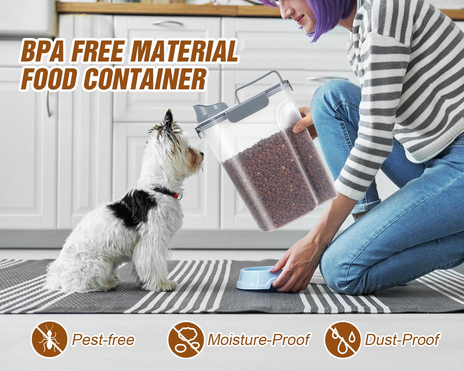 TBMax Contenedor de almacenamiento de alimentos para gatos de 5 litros con tapa, recipiente portátil para alimentos para mascotas con boquilla grande y taza medidora, recipiente hermético para
