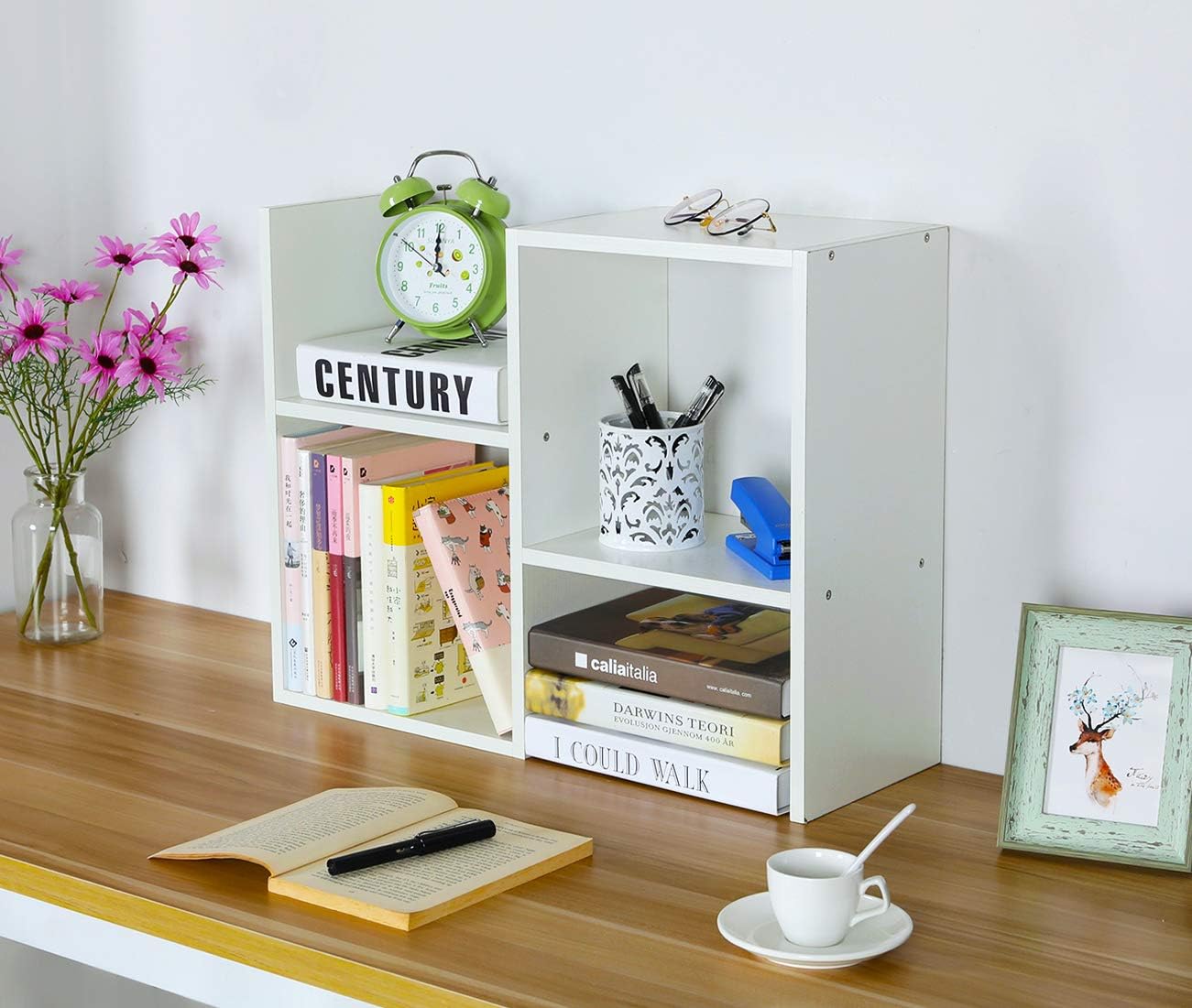 PAG Desktop Shelf Freestanding Wooden Small Bookshelf Desk Supplies Organizers and Accessories Storage Display Rack Office Dorm Decor for Women, White