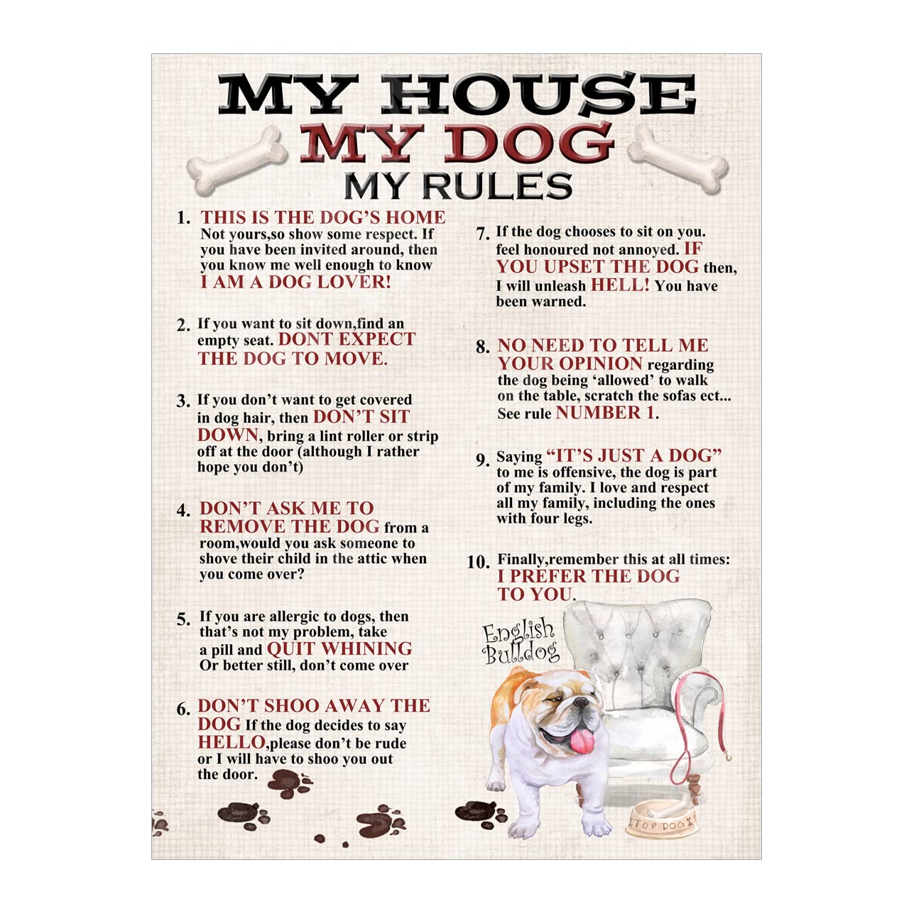 British BullDog Metal Sign Plaque My House Rules For Garden Man Cave Home Bar Home Decor Shed Garage Poster Gift size 10x8in ref7992