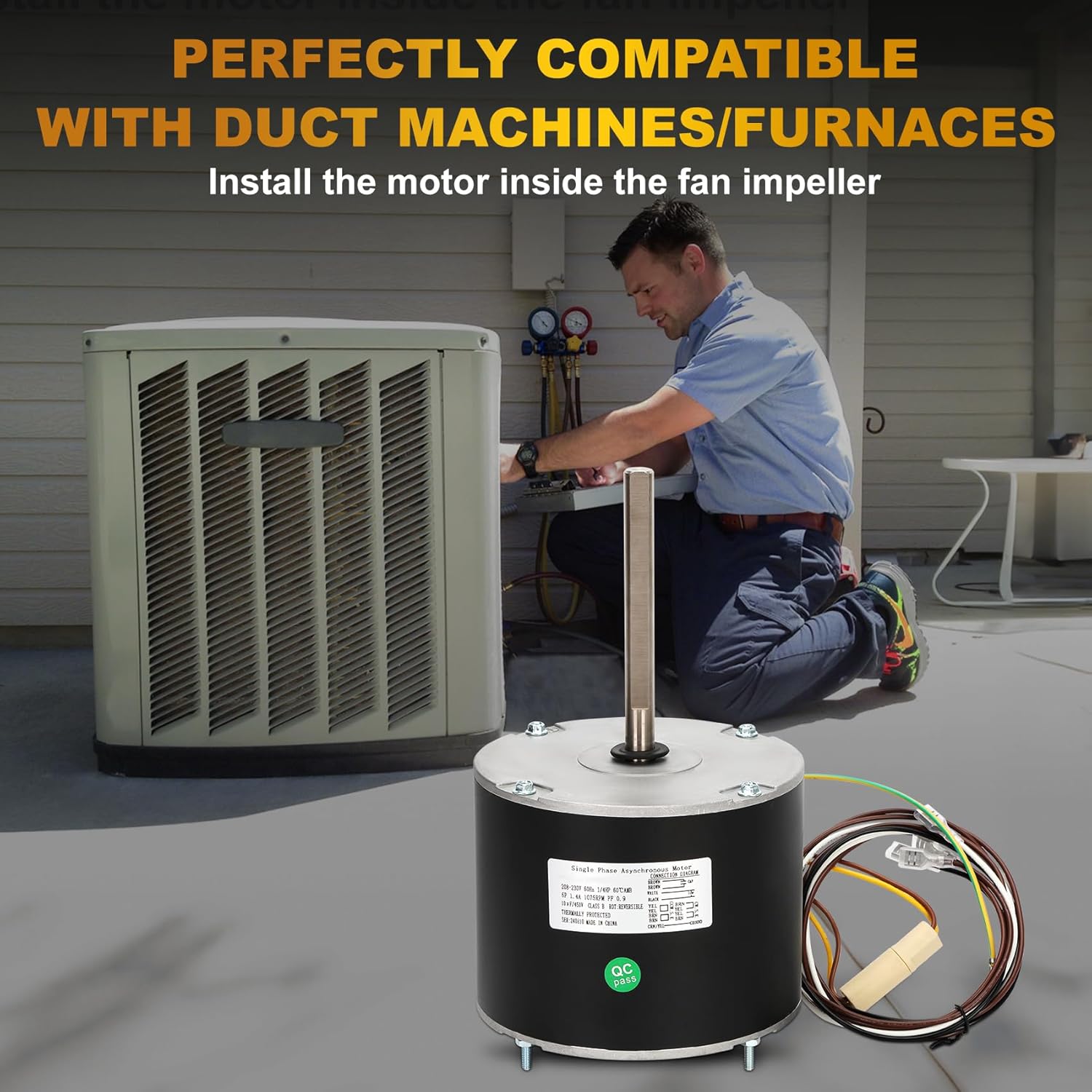 W51-14CJA1-02 Condenser Motor, 1/4HP，1075RPM，208/230V OEM Standard Condenser Fan Motor with Metal Capacitor