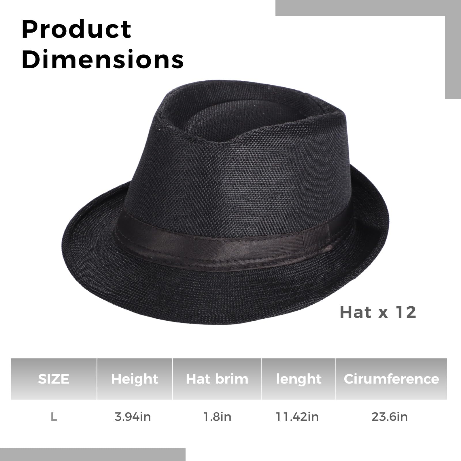 Lot de 12 chapeaux Fedora pour homme, chapeaux de jazz style années 1920, chapeaux de paille noirs avec bande en satin, chapeaux de soleil respirants pour activités de plein air, fêtes et voyages