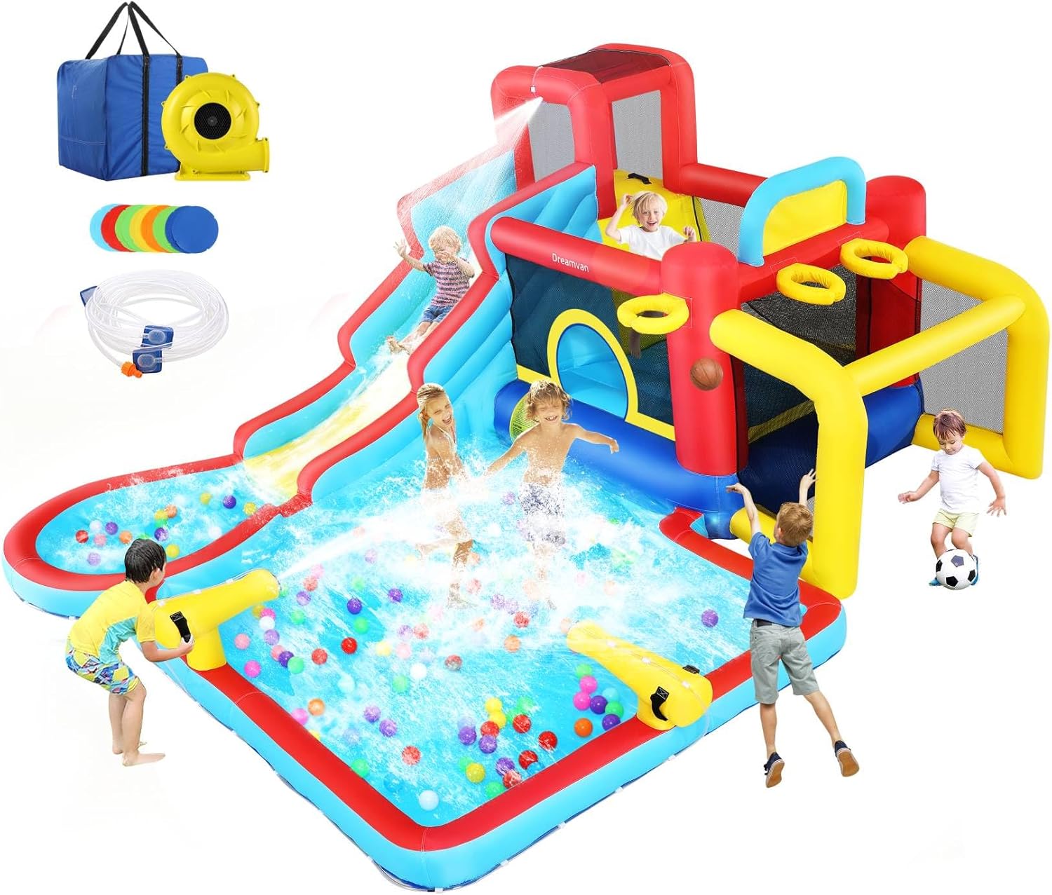 AKEYDIY Water Slide Bounce House, Inflatable Water Slide Park with Blower, Family Backyard Jumping Castle Pool Bouncy House, Premium Quality - Indoor/Outdoor - Wet & Dry - Sets Up in Minutes