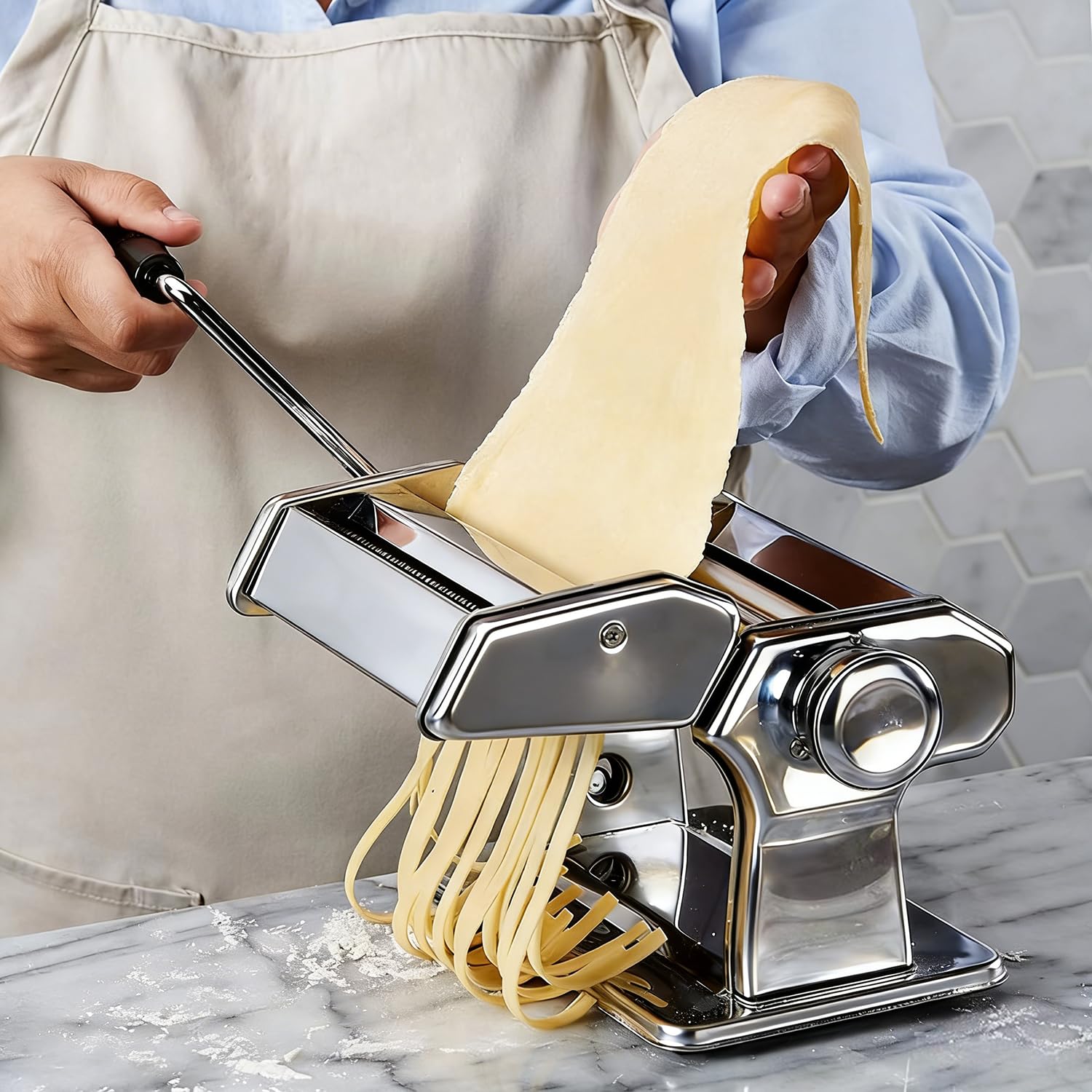 Máquina para hacer pasta, máquina manual de pasta con 9 ajustes de grosor ajustables, máquina de fideos de acero inoxidable con rodillos y cortador para pasta, espaguetis, fettuccini, lasaña