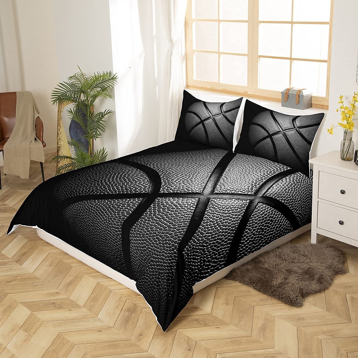 Tbrand Funda de edredón Baloncesto Negro King 3D Colecciones Deportivas Funda de edredón para niños,Ultra Suave,3 Piezas,Cool Boys Young Comforter Cover Sets (1 2 Fundas de Almohada
