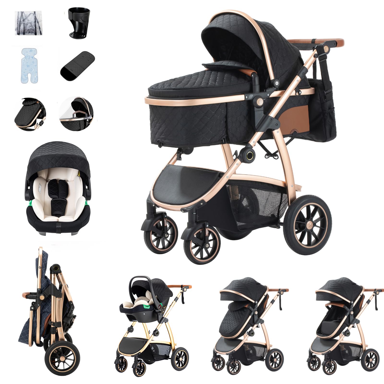 Zkiprm Poussette 3 en 1, Système de Voyage Avec Siège Auto, Landau Accoudoirs réglables, Habillage pluie, Moustiquaire, Châssis aluminium, Landau urbain pour enfants 0-4 ans