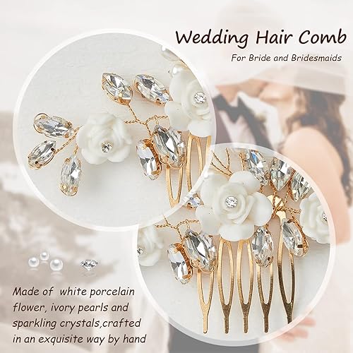 Miniatura 3 de Peine de pelo de novia con flor de porcelana perla, accesorios para el cabello de boda para novias, tocado de boda de cristal para novia y damas de