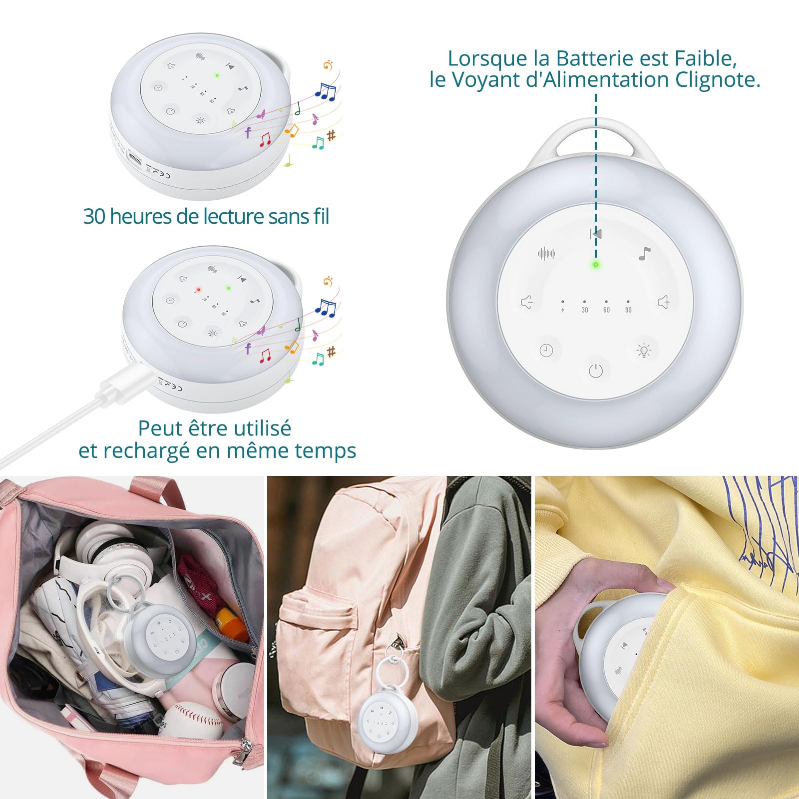 Machine à Bruit Blanc Portable pour Bébé, 24 Sons Apaisants, Veilleuse Réglable, Batterie Rechargeable 2000mAh, Minuterie 30/60/90 min, Fonction Mémoire, Machine Sommeil pour Chambre, Voyage