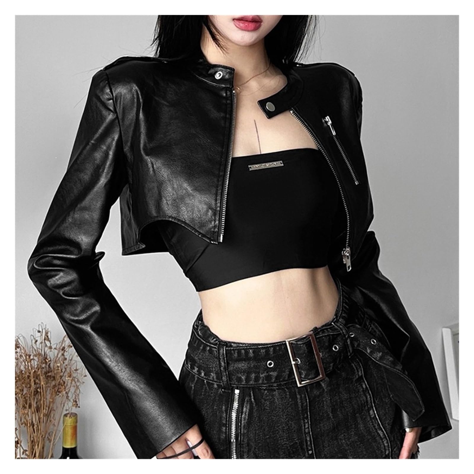 Y2K Veste Slim À Manches Longues Et Col Rond Uni Avec Fermeture Éclair