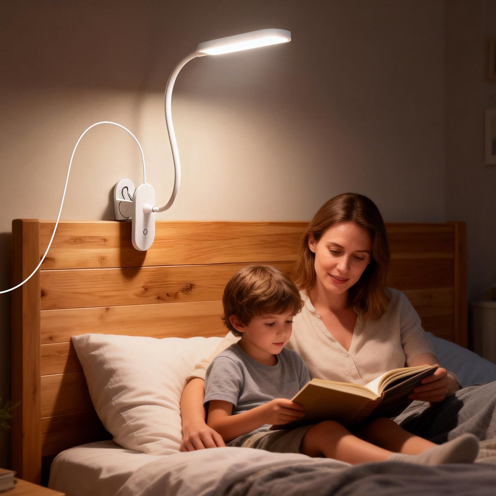 Aigostar Lampa do Czytania z Klipsem - Lampka Nocna LED Zasilana USB (Bez Baterii), 3 Poziomy Jasności, Elastyczne Ramię 360°, Ochrona Oczu 4000K, Idealna do Łóżka i Biurka, Biały