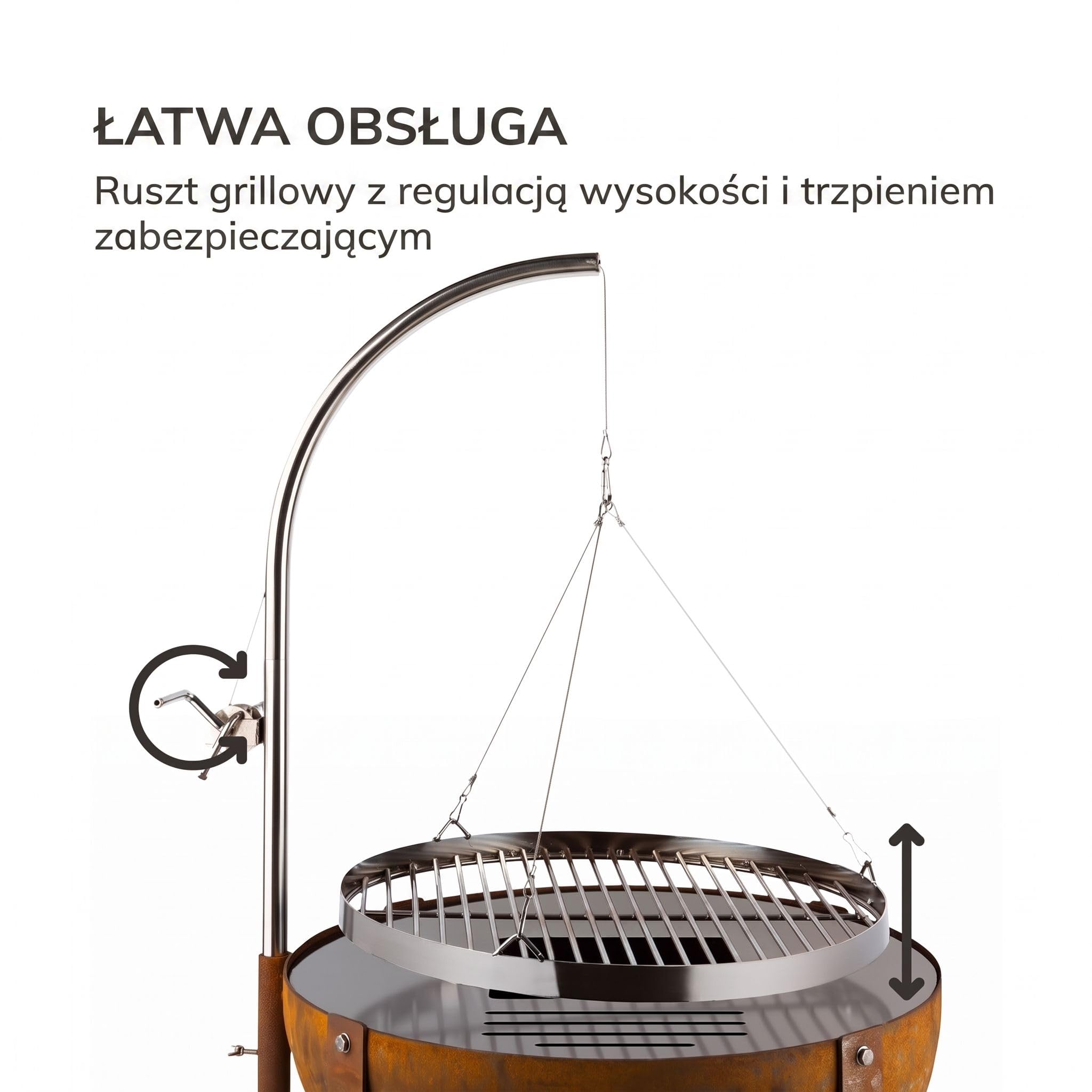 blumfeldt Fire Globe Palenisko z grillem, Pierścień grilla: Ø 59cm, Palenisko: Ø 60cm, Ruszt: Ø 59cm, Wymiary: 60 x 120cm (ØxW), Wygląd used: imitacja rdzy, Płynna regulacja wysokości, brązowy