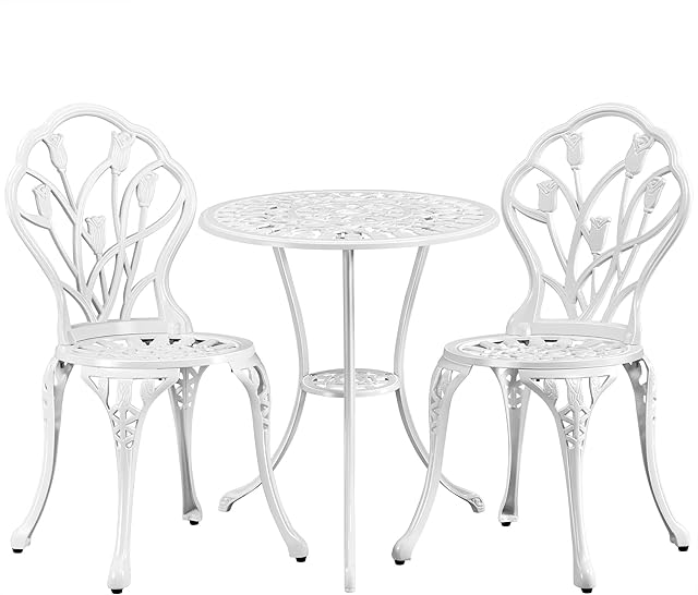 Yaheetech Garden Bistro Set Round Aluminum Patio Table with 2 Chairs - Outdoor Garden Furniture Set,White