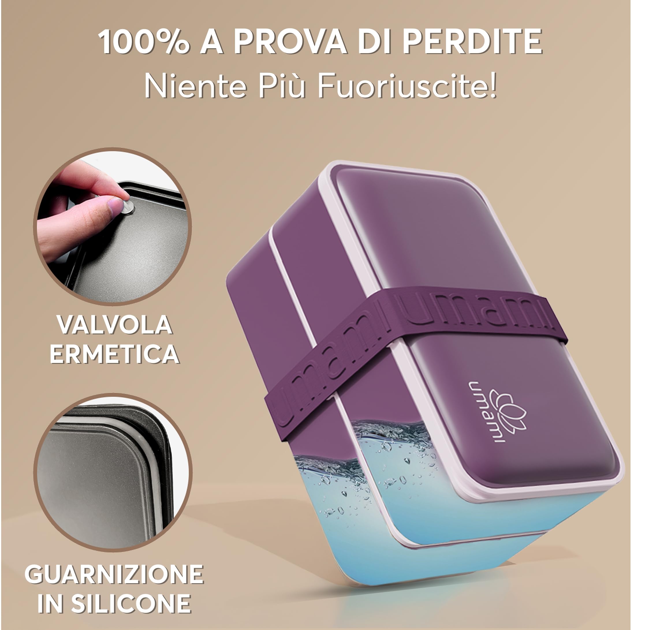Umami Porta Pranzo Lunch Box Ermetico 4 Scomparti e Posate, Sicuro per Microonde Lavastoviglie, Portapranzo Ufficio Bento Lunchbox Prova di Perdite per Adulti Schiscetta Pranzo, Viola Reale, 1200 ml