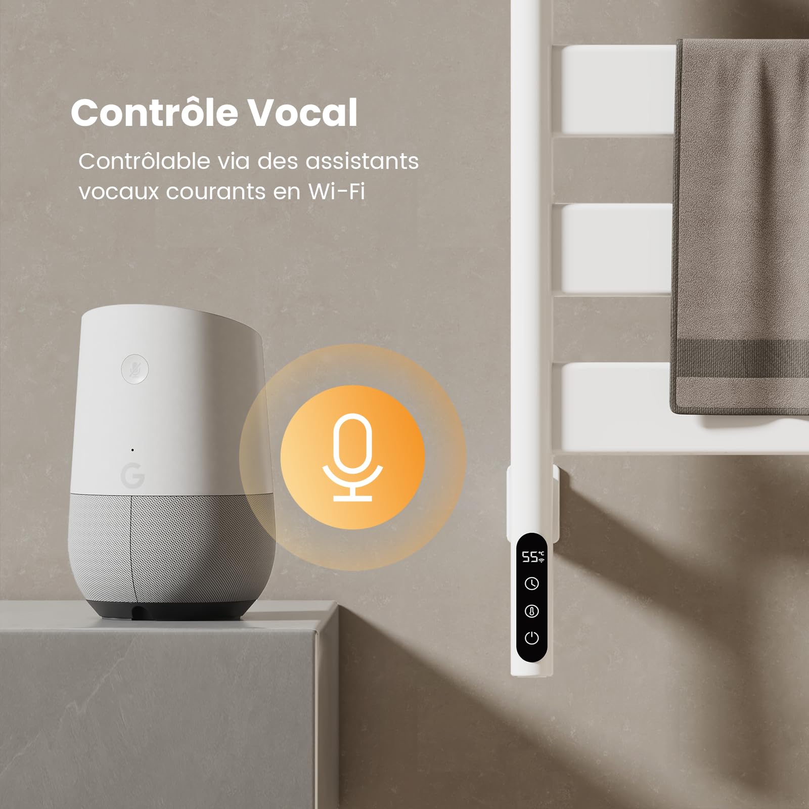 EMKE Sèche-Serviettes Électrique de pivotant à 180°,Blanc | Porte-Serviettes Chauffant électrique avec étagère, Séchoir à Serviettes électrique Intelligent WiFi, 120W